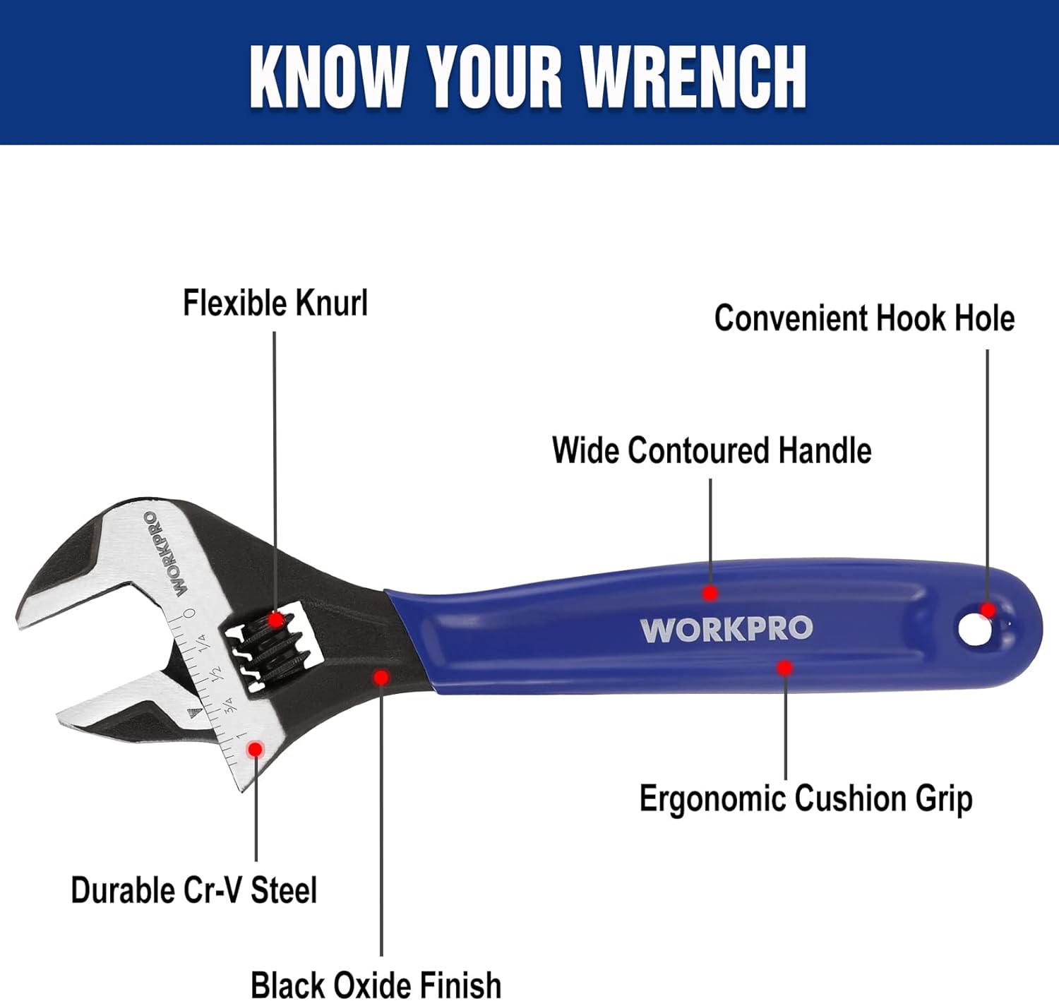 Adjustable wrench with wide contoured handle, ergonomic cushion grip, hook hole