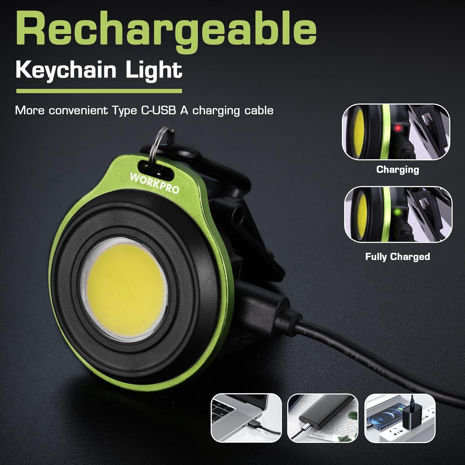 Rechargeable green COB keychain flashlight with USB-C charging cable