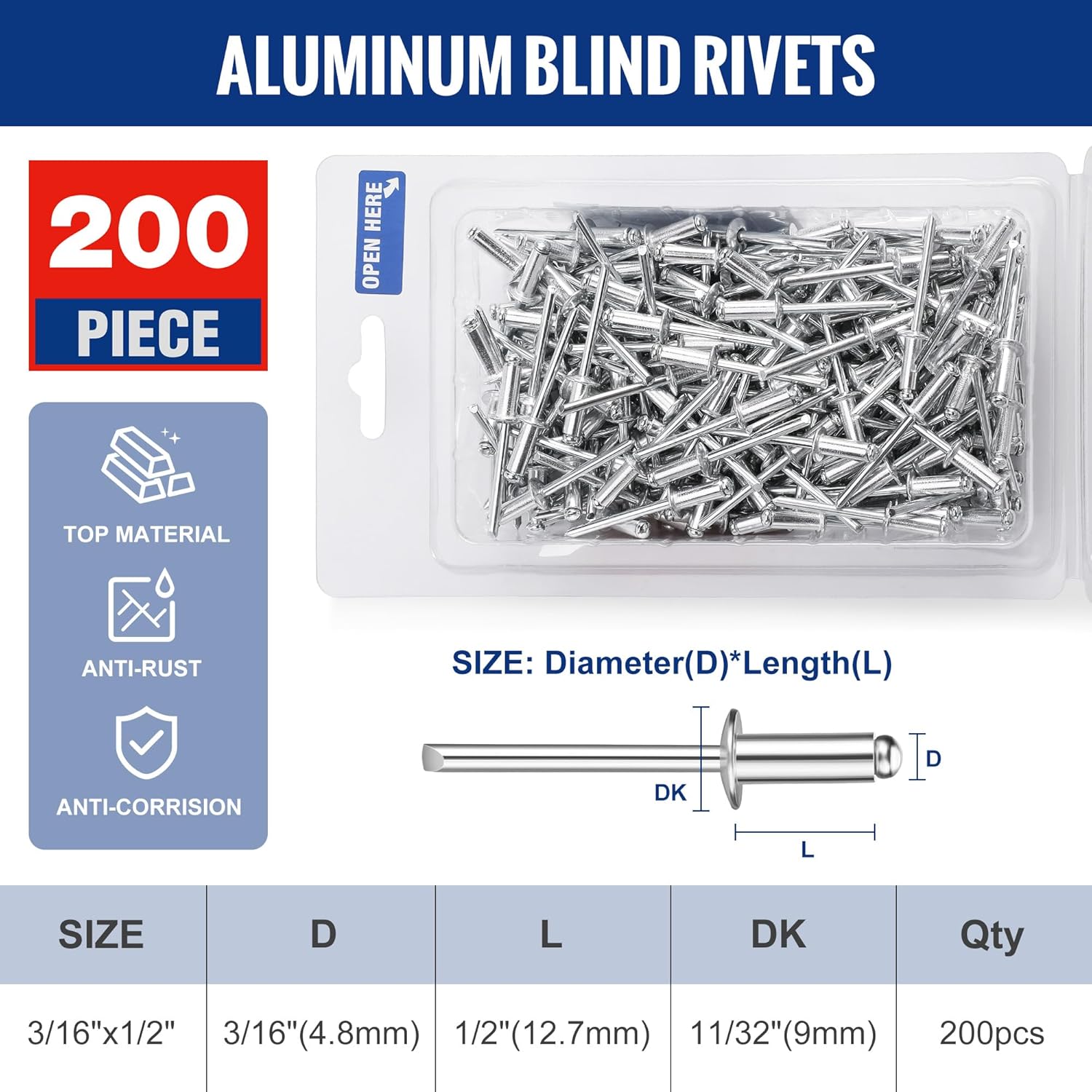 Silver aluminum blind rivets set, 3/16 x 1/2 in, 200-pack