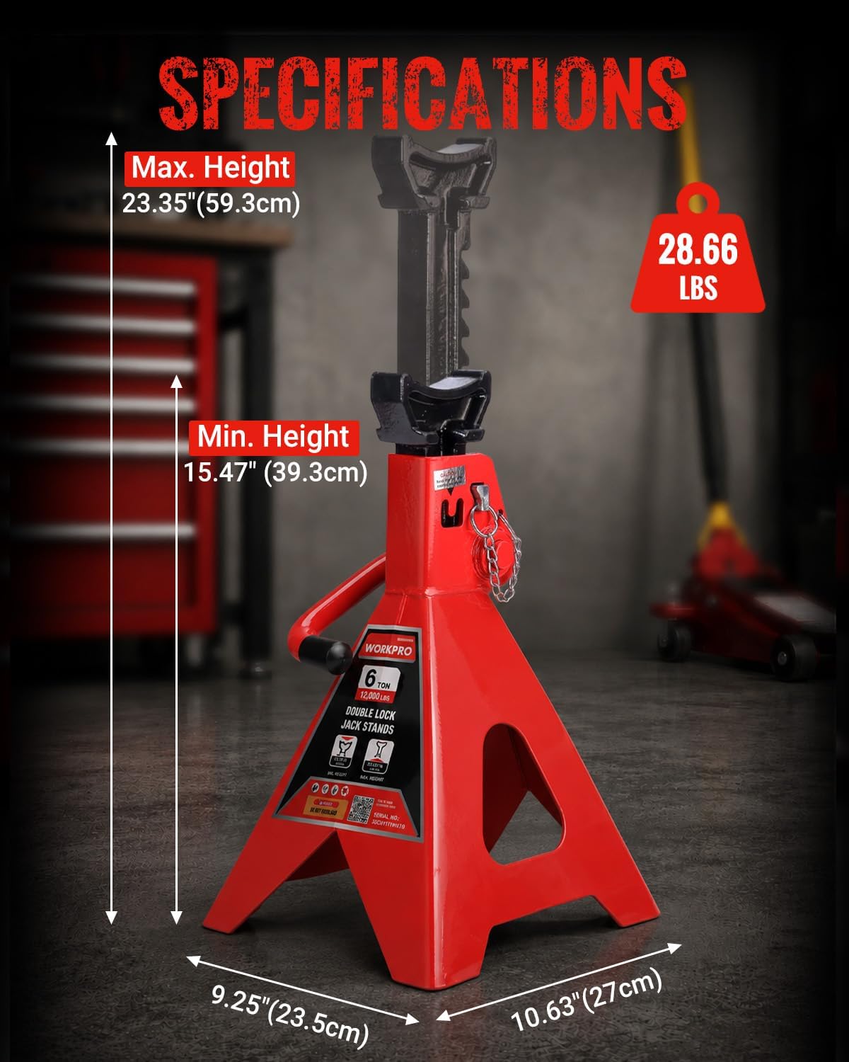 WORKPRO 6 Ton Jack Stands with Double Lock, 12000 LBS Capacity, 1 Pair | Heavy-Duty Premium Steel Construction, Wide Base Stability, Adjustable Lift Height