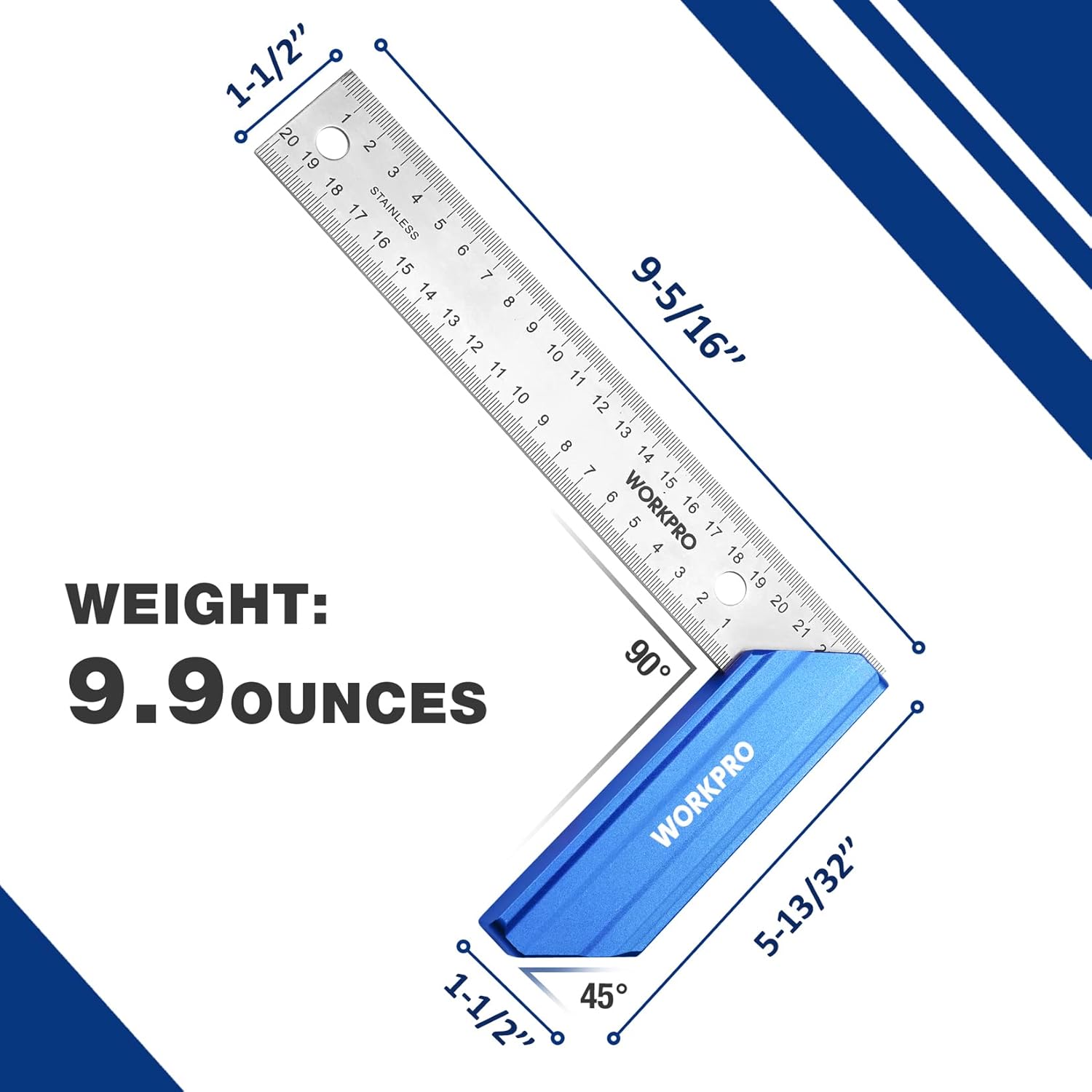 Try square with silver blade showing angle and length markings over a blue base