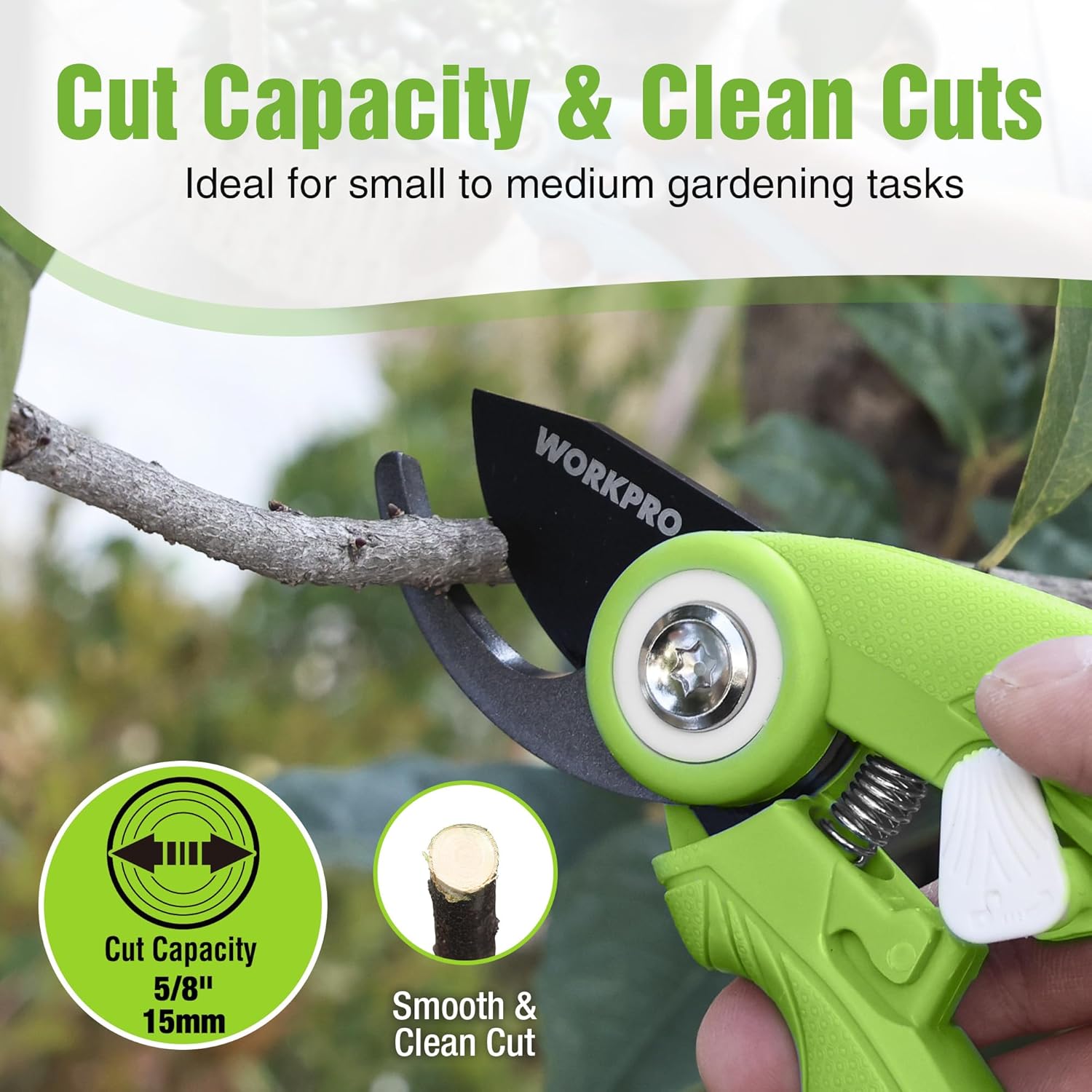 Green bypass pruning shears snipping a small branch, black cutting blade visible