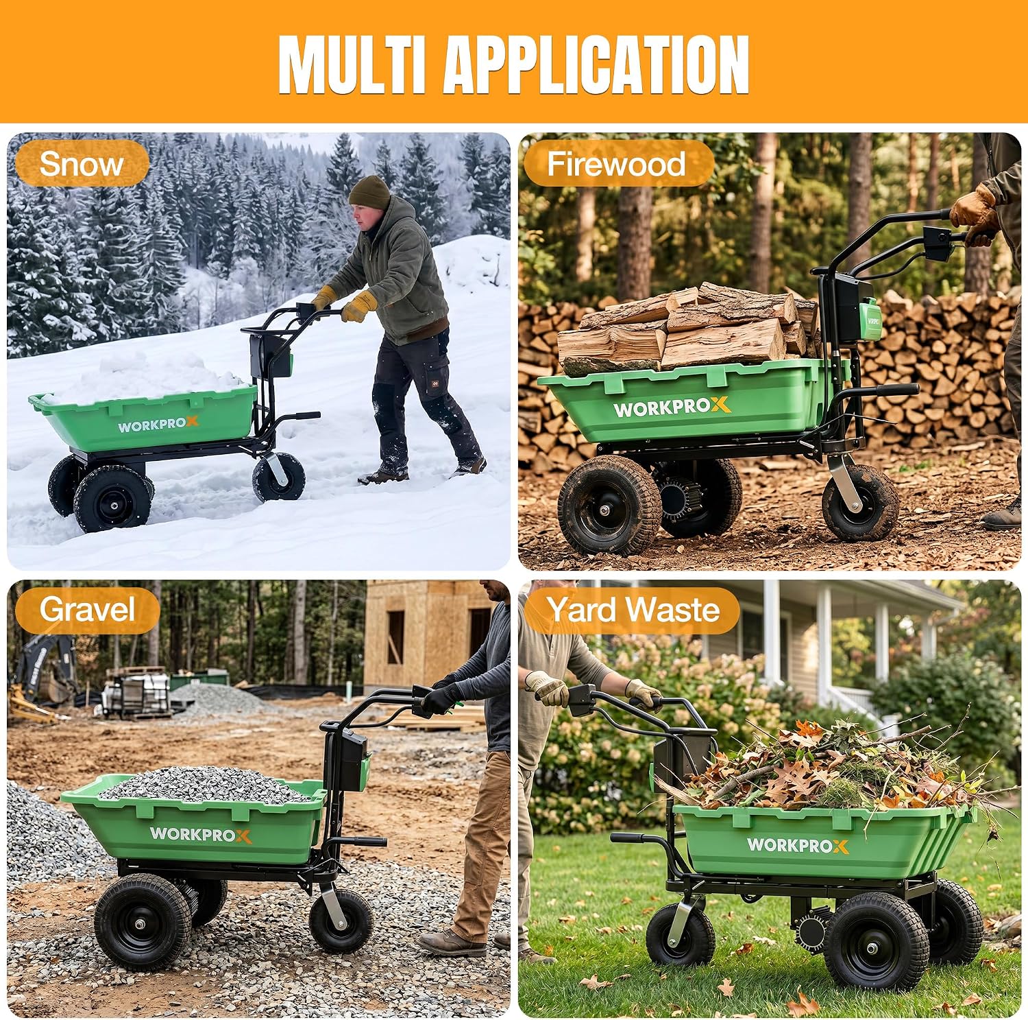 WORKPROX green electric wheelbarrow shown in multiple yard-use scenes with four tires