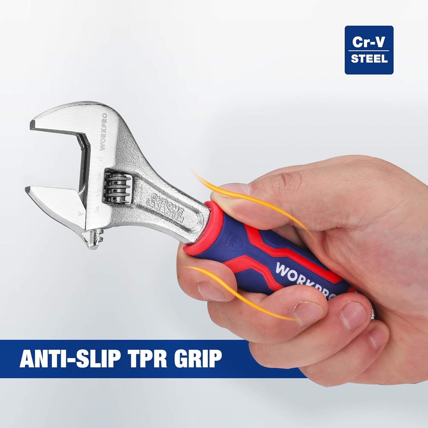 6-inch adjustable wrench held by hand; red/blue TPR anti-slip grip