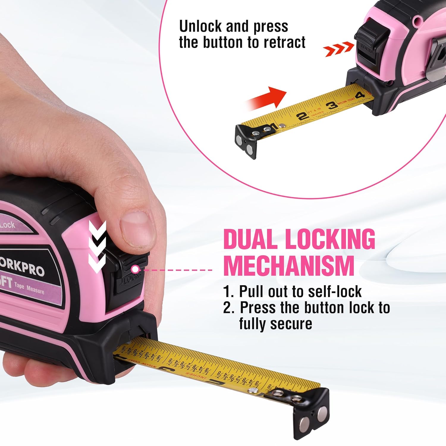 Pink dual-lock tape measure showing locked extension and retract button
