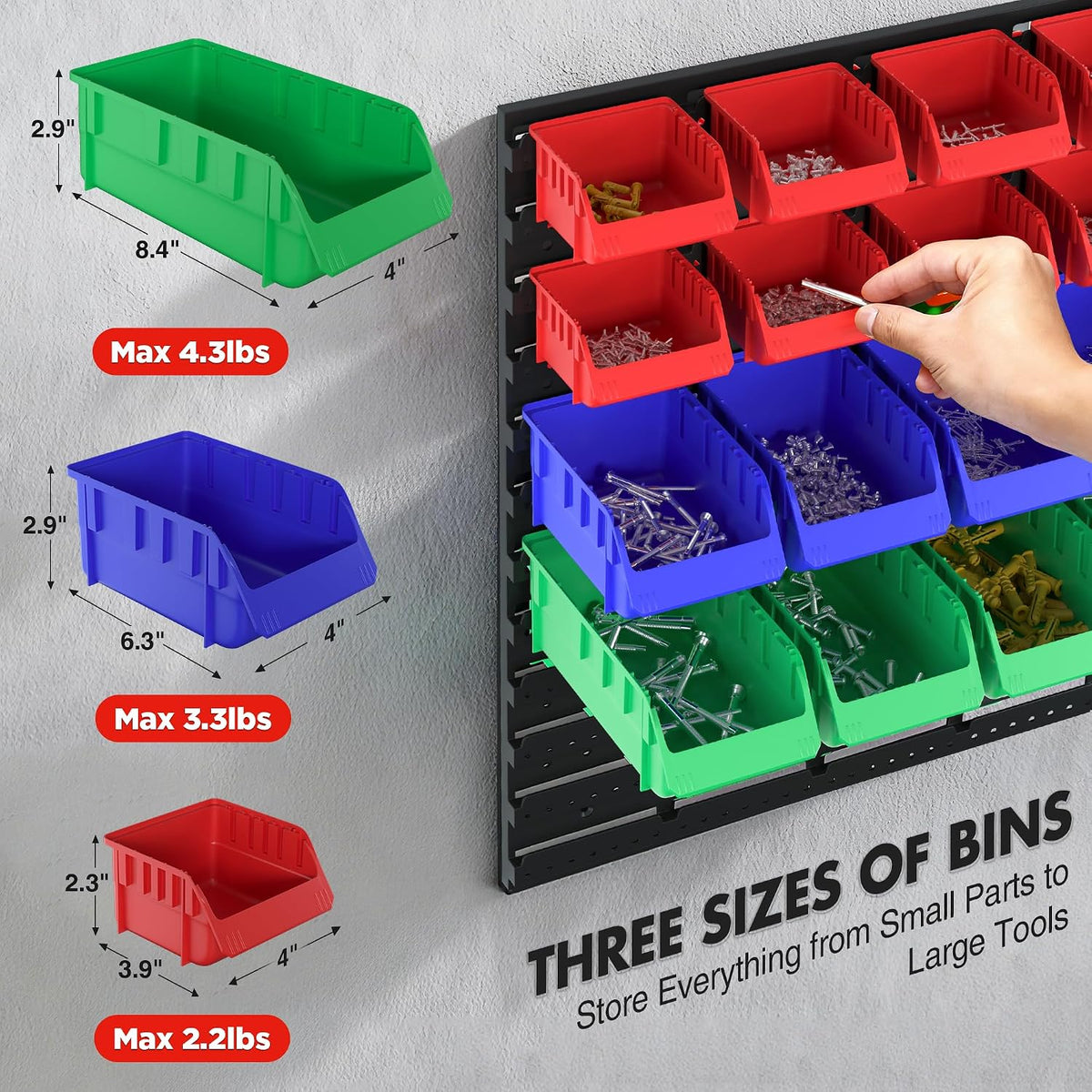 WORKPRO 44PCS Wall Mounted Storage Bins for Garage Storage | Screw organizer for Screws, Nuts, Bolts, Nails, Beads, and Small Hardware Parts, With Wall Panels