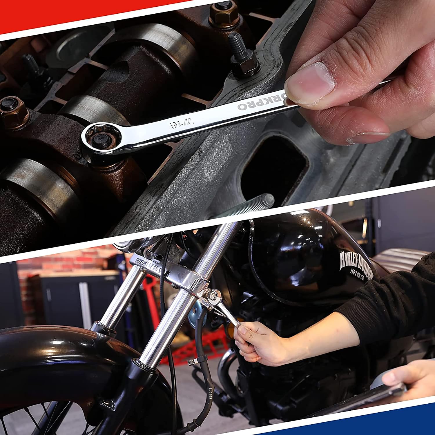 Chrome combination wrench with open end and box end tightening a fastener