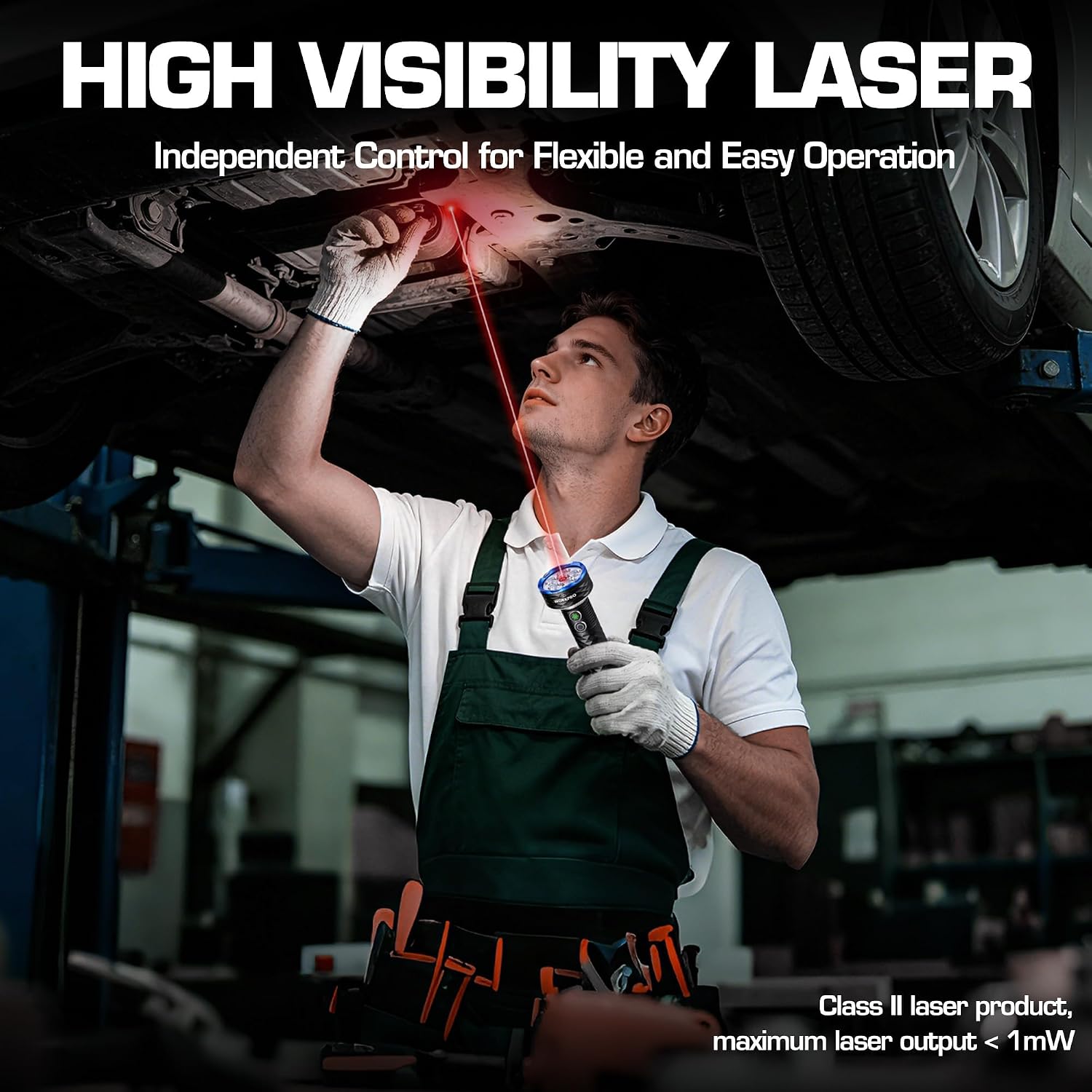 Black flashlight producing a red laser line for under-vehicle tasks and focused lighting