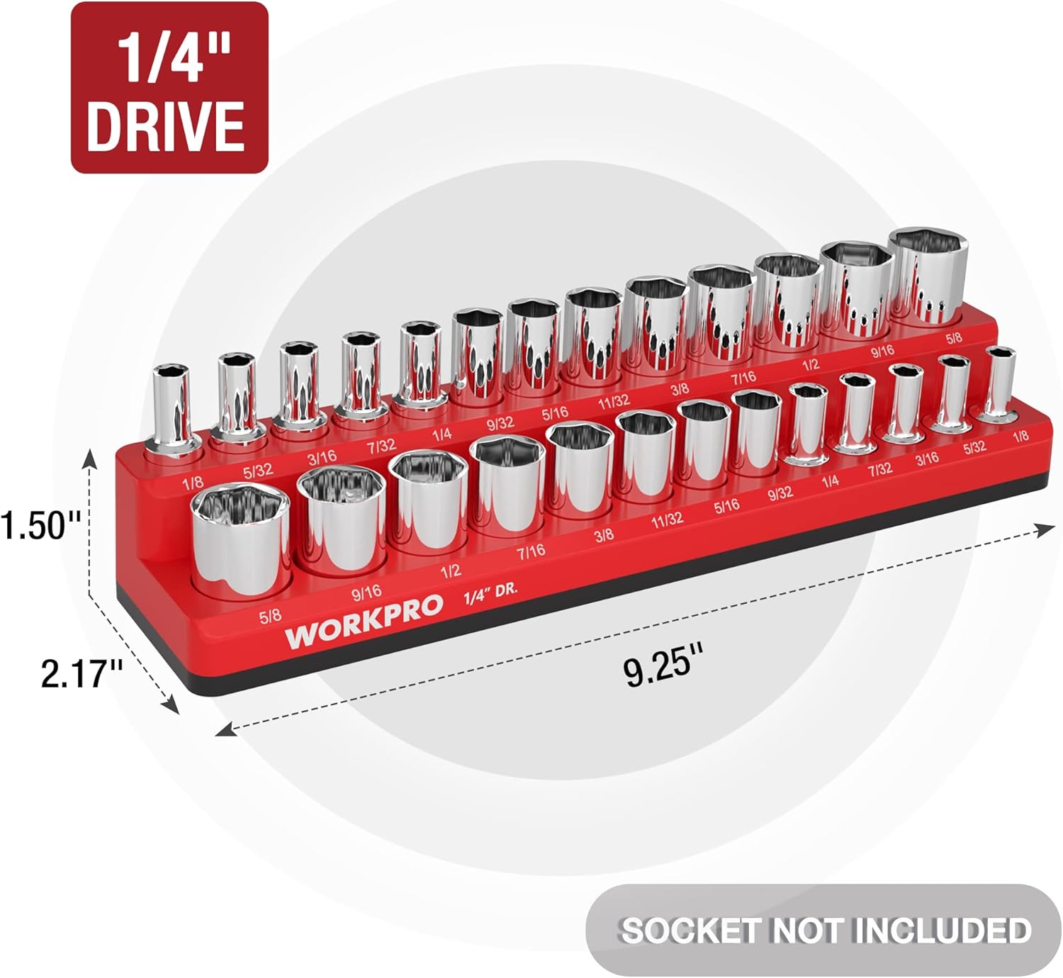 WORKPRO 1/4-inch drive magnetic socket organizer, red base with chrome socket holders