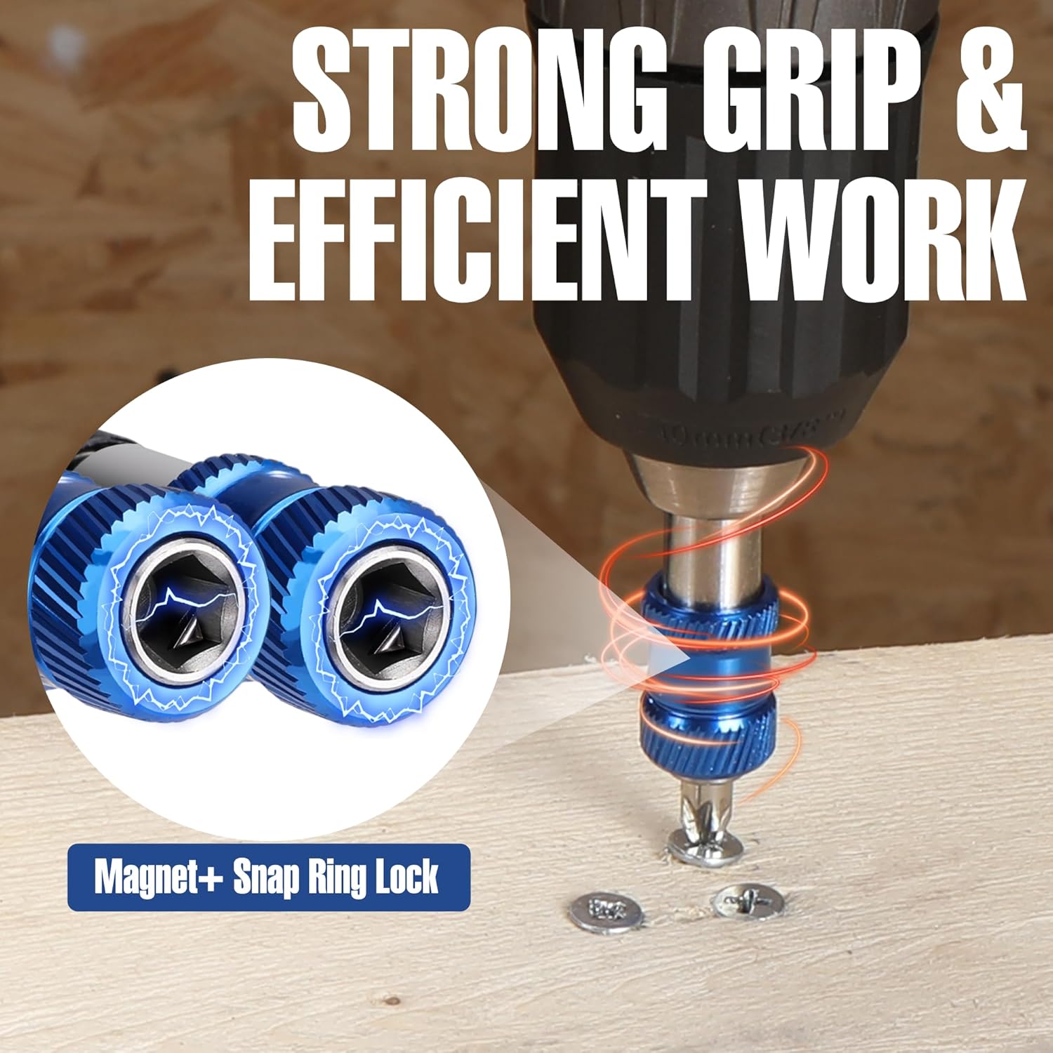 Blue magnetic snap-ring locked bit holder extension for secure drilling