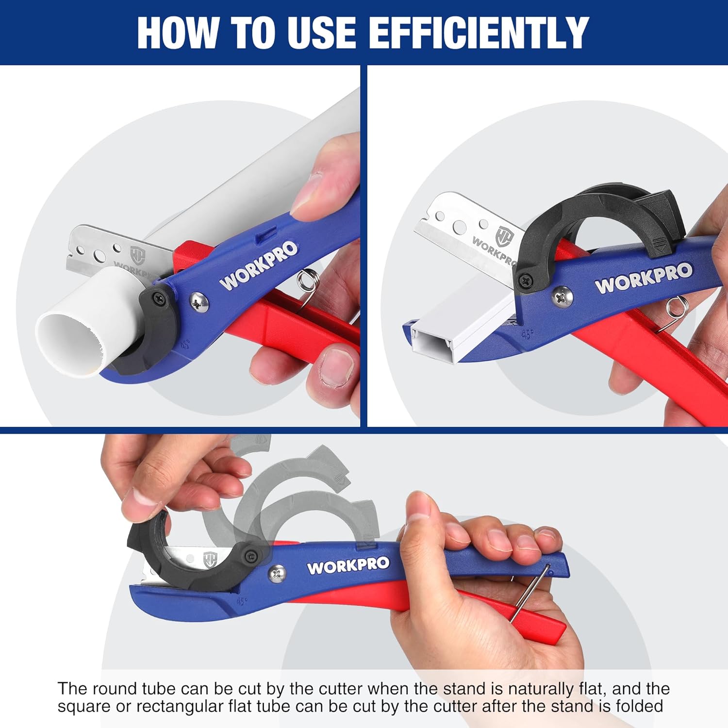 Pipe cutter held by hand with blue frame and red handle for efficient cutting
