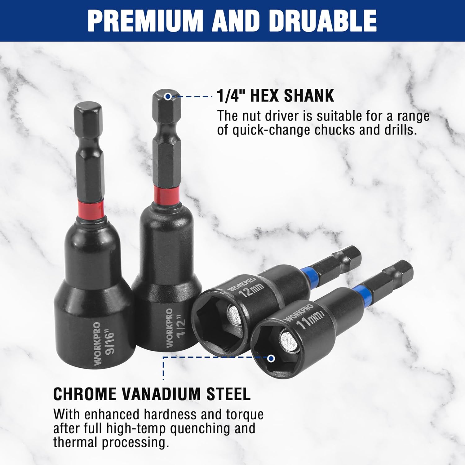 Magnetic nut driver bit set with 1/4-inch hex shank drivers and impact-ready sockets