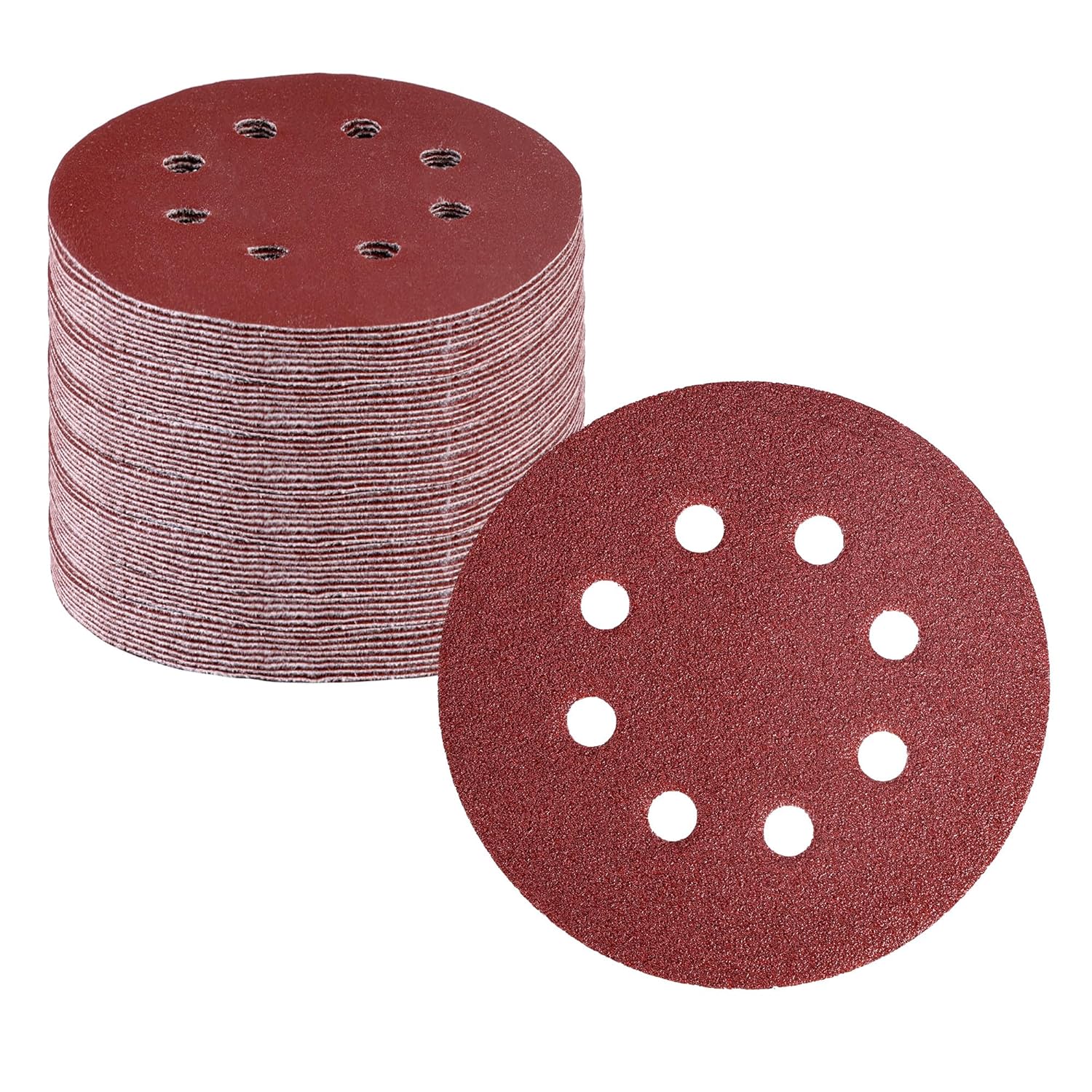 Red-brown 8-hole hook-and-loop sanding discs, shown as a stacked set