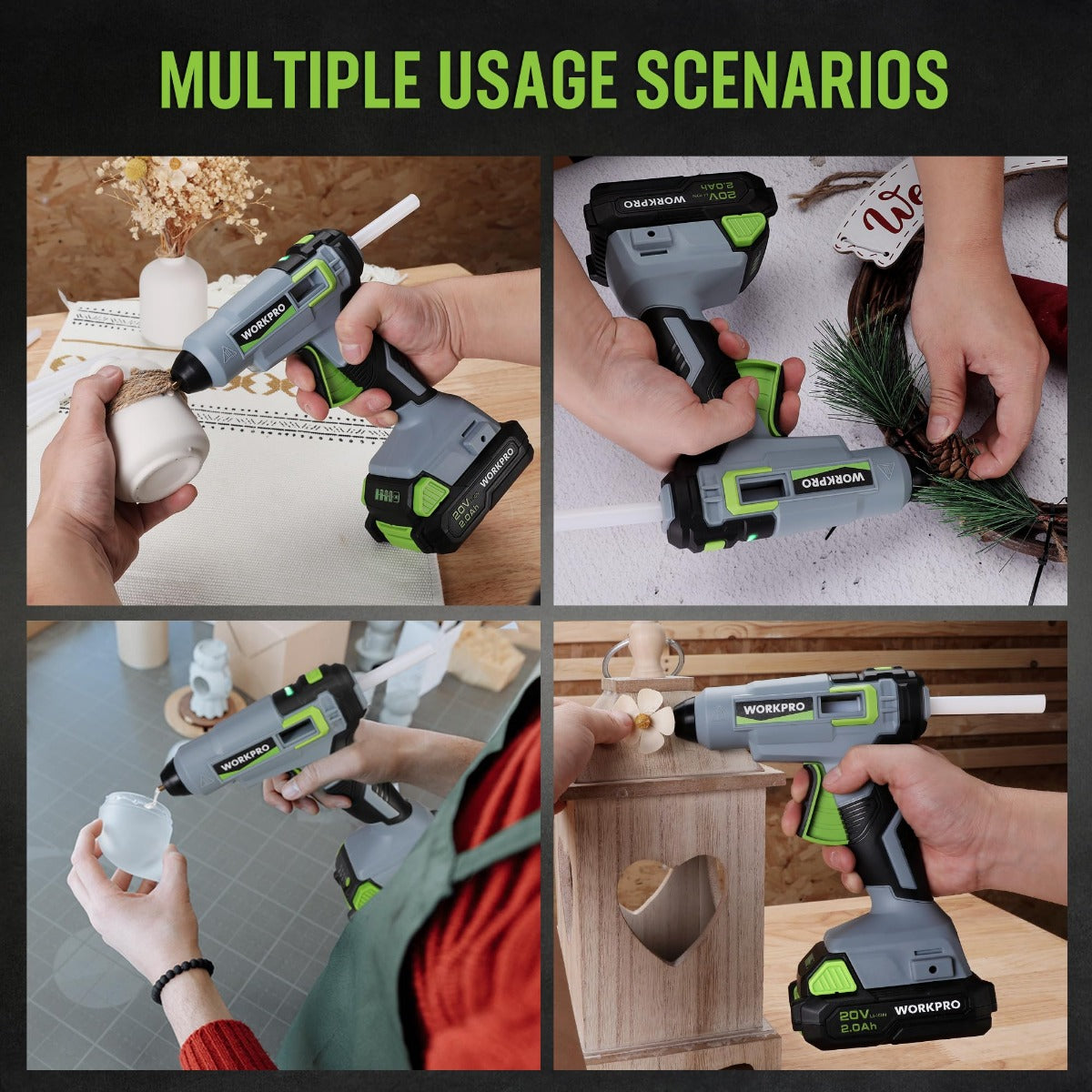WORKPRO cordless hot glue gun held in hand with green buttons and white glue stick