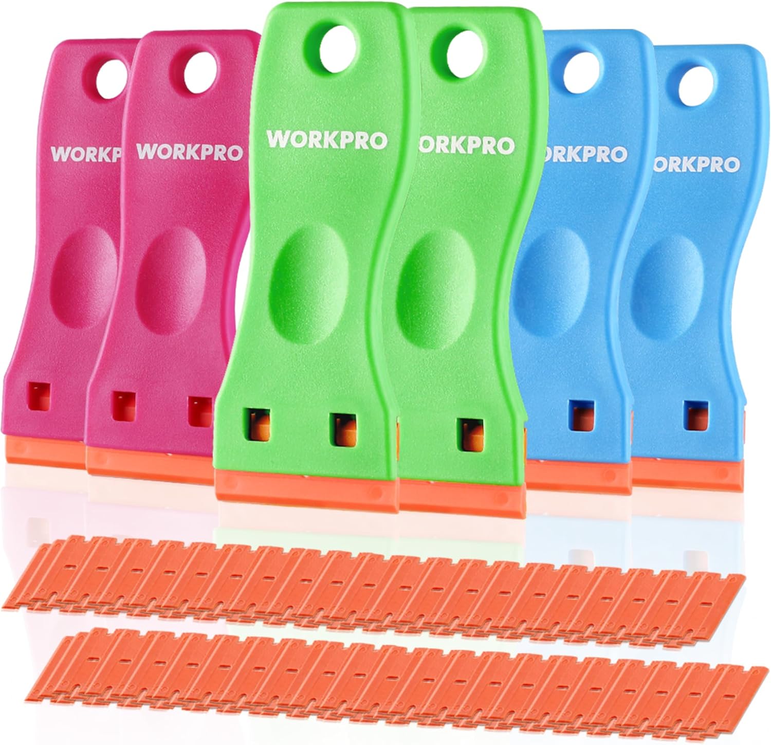 Color set of plastic razor scraper holders in pink, green, and blue with orange blade strips