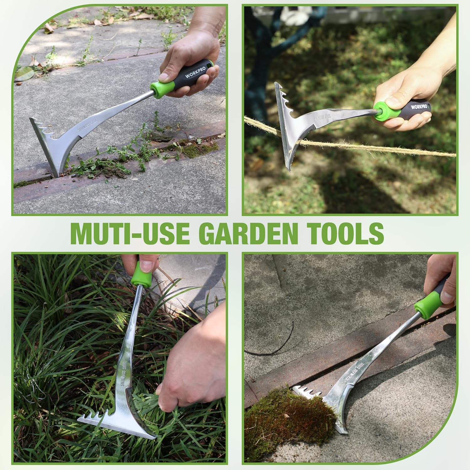 Multi-purpose garden weeding tool with stainless steel blades and green comfort handle