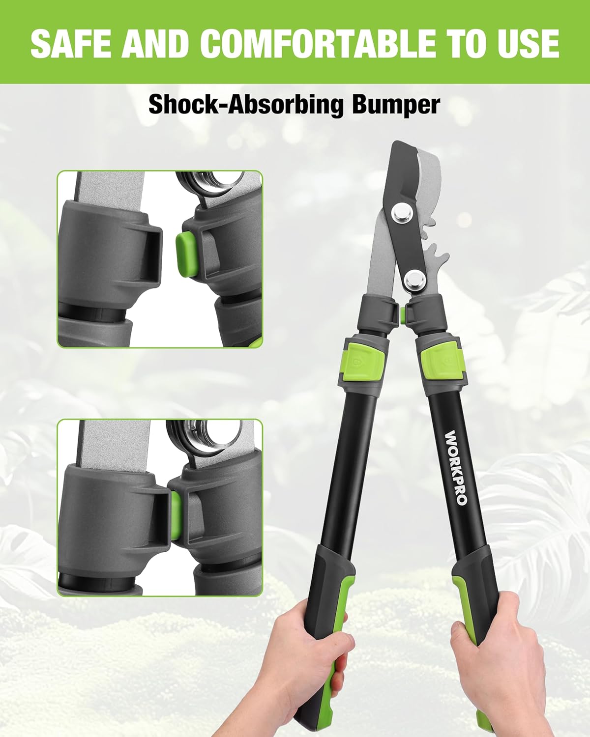 Bypass lopper with shock-absorbing bumper and lime safety grip covers on black handles