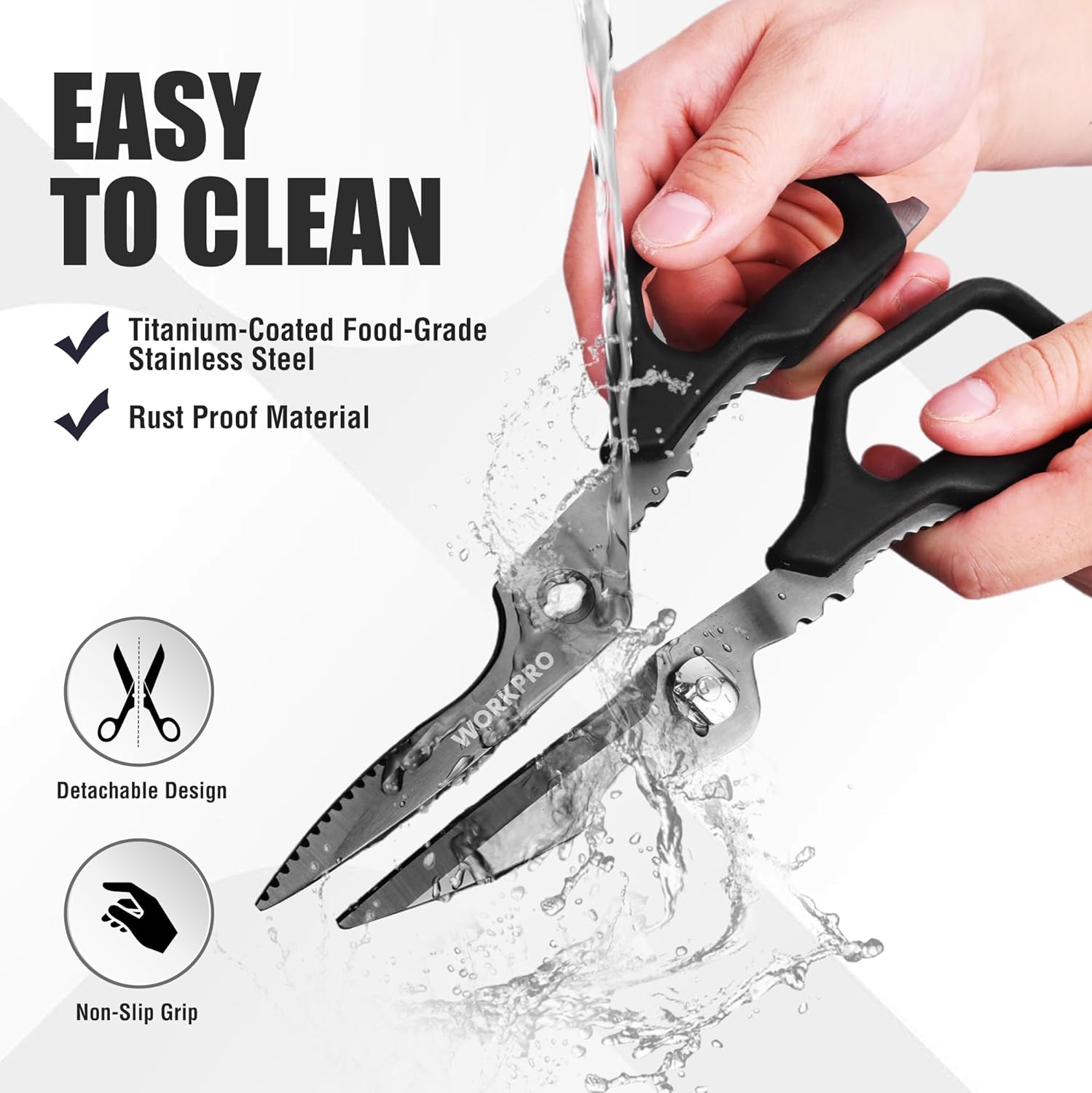 Kitchen scissors with detachable design, black grip, and titanium-coated stainless blades