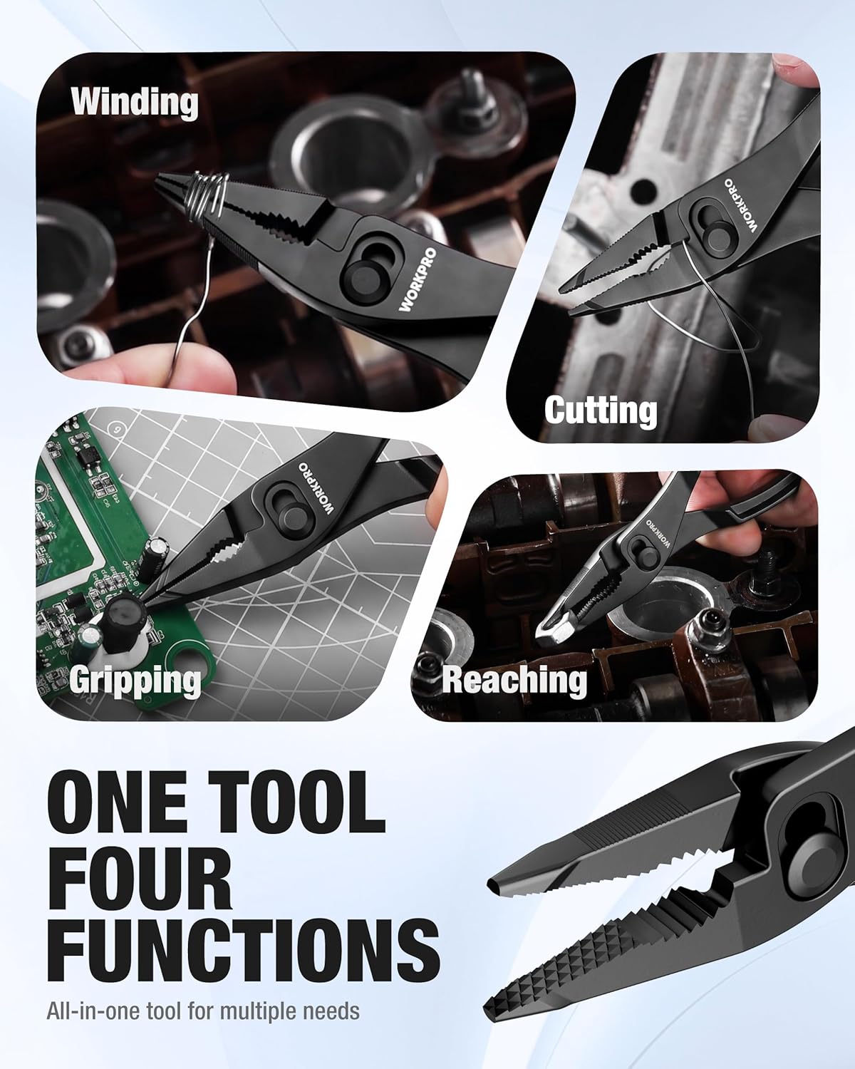 WORKPRO slip joint pliers showing multi-use jaw for gripping, cutting, and reaching