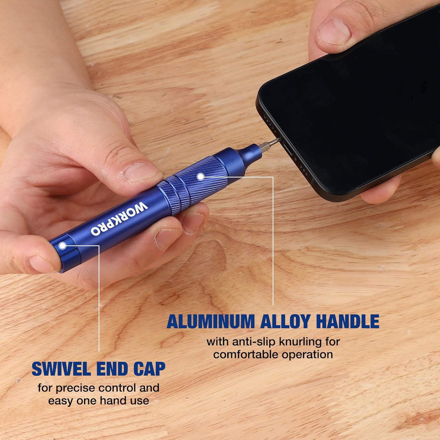 Blue WORKPRO pen screwdriver with aluminum handle and swivel end cap