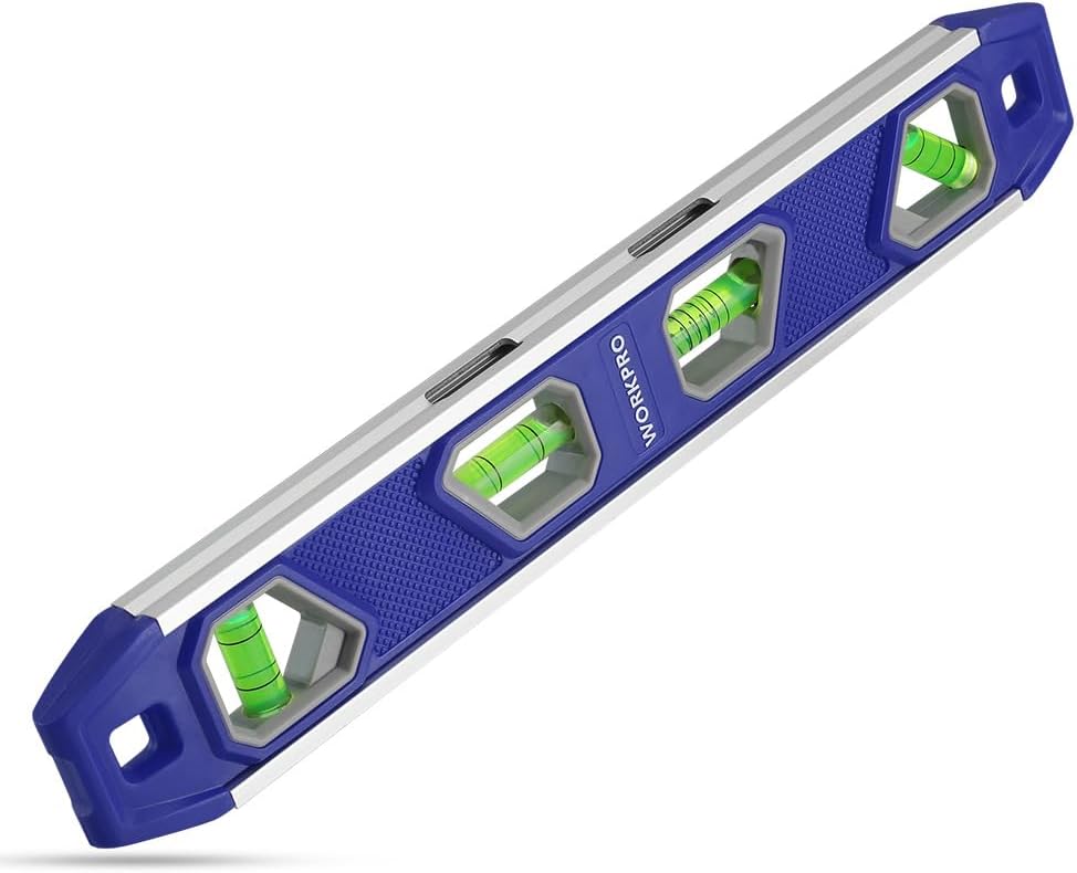WORKPRO 12 Inch Torpedo Level, Magnetic Small Leveler Tool, Plumbing Level with Pitch Vial, Aluminum Reinforced, 4 Bubbles, V-Groove for Conduit Bending, Blue