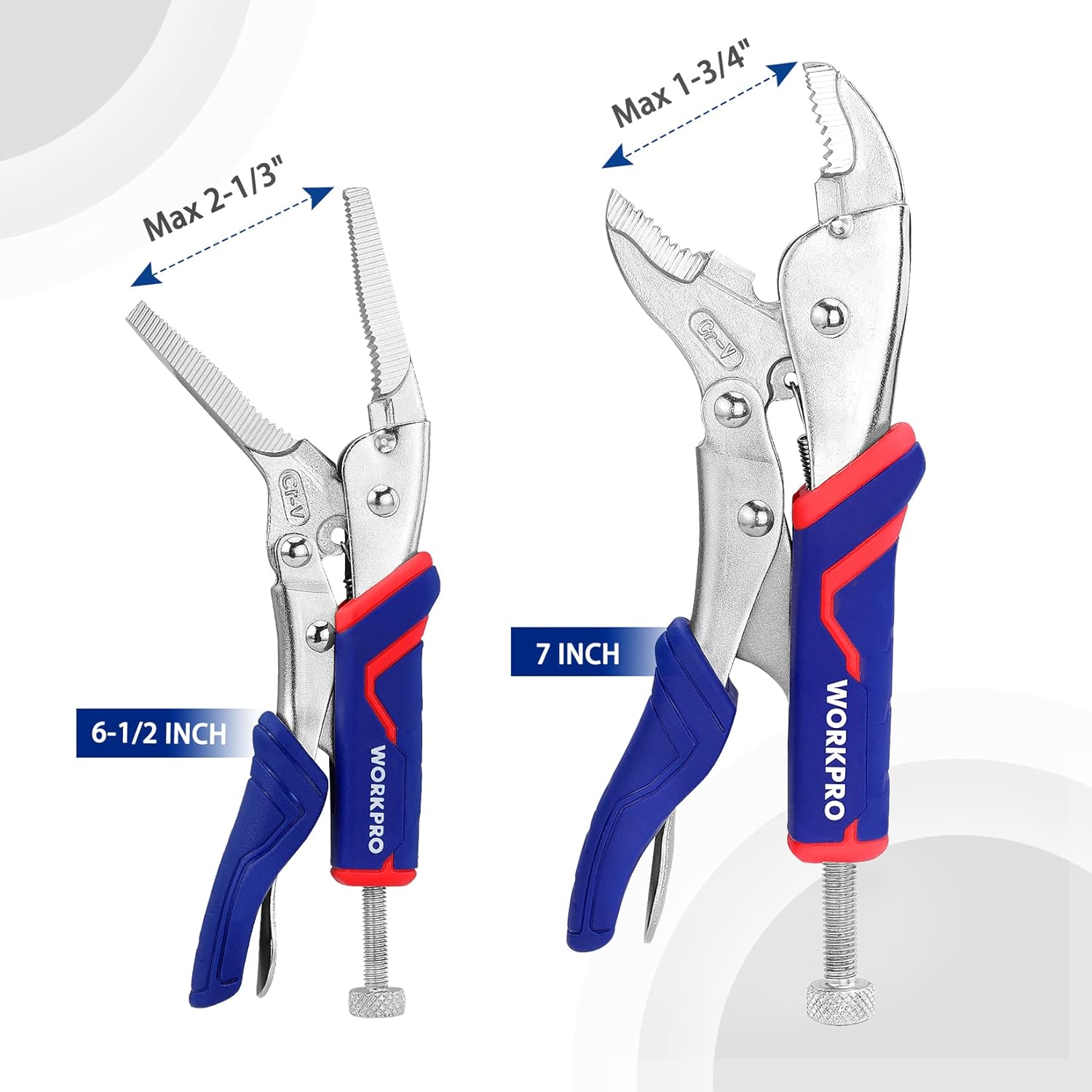 Two WORKPRO locking pliers: 7-inch curved jaw and 6-1/2-inch long nose, blue/red handles