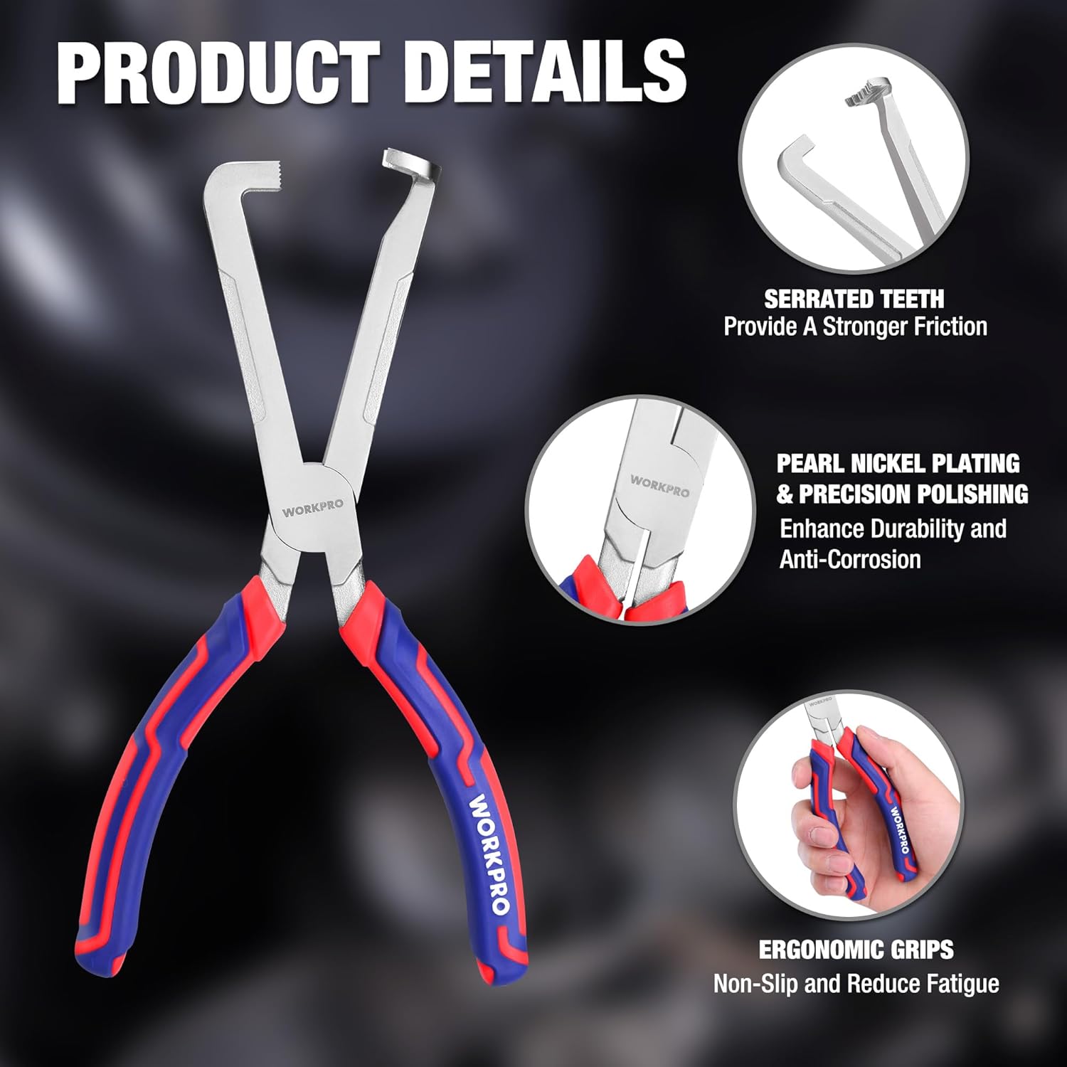Electrical disconnect pliers with serrated jaws and red/blue ergonomic TPR handle
