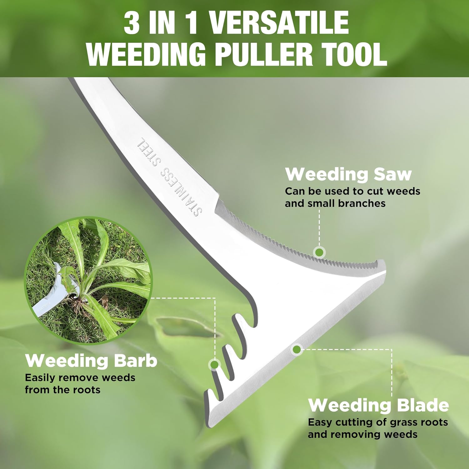 L-shaped stainless steel crack weeder with serrated blade for small yard weed removal