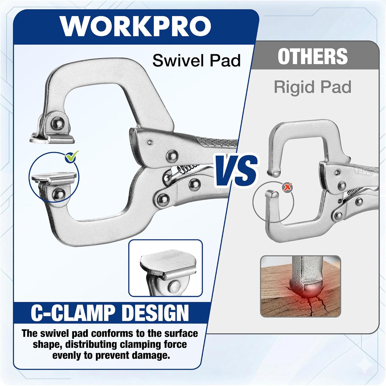 Swivel-pad C-clamp design with pivoting contact pad on gray steel body