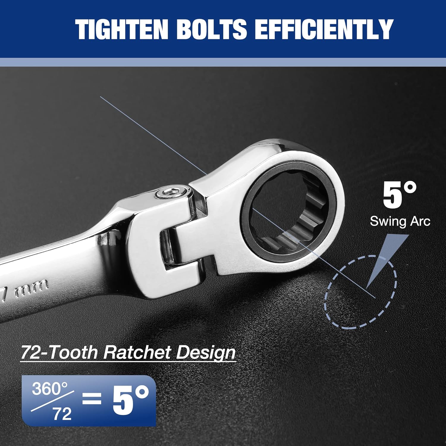 Chrome ratcheting combination wrench with flex head, 72-tooth ratchet, 5° swing arc
