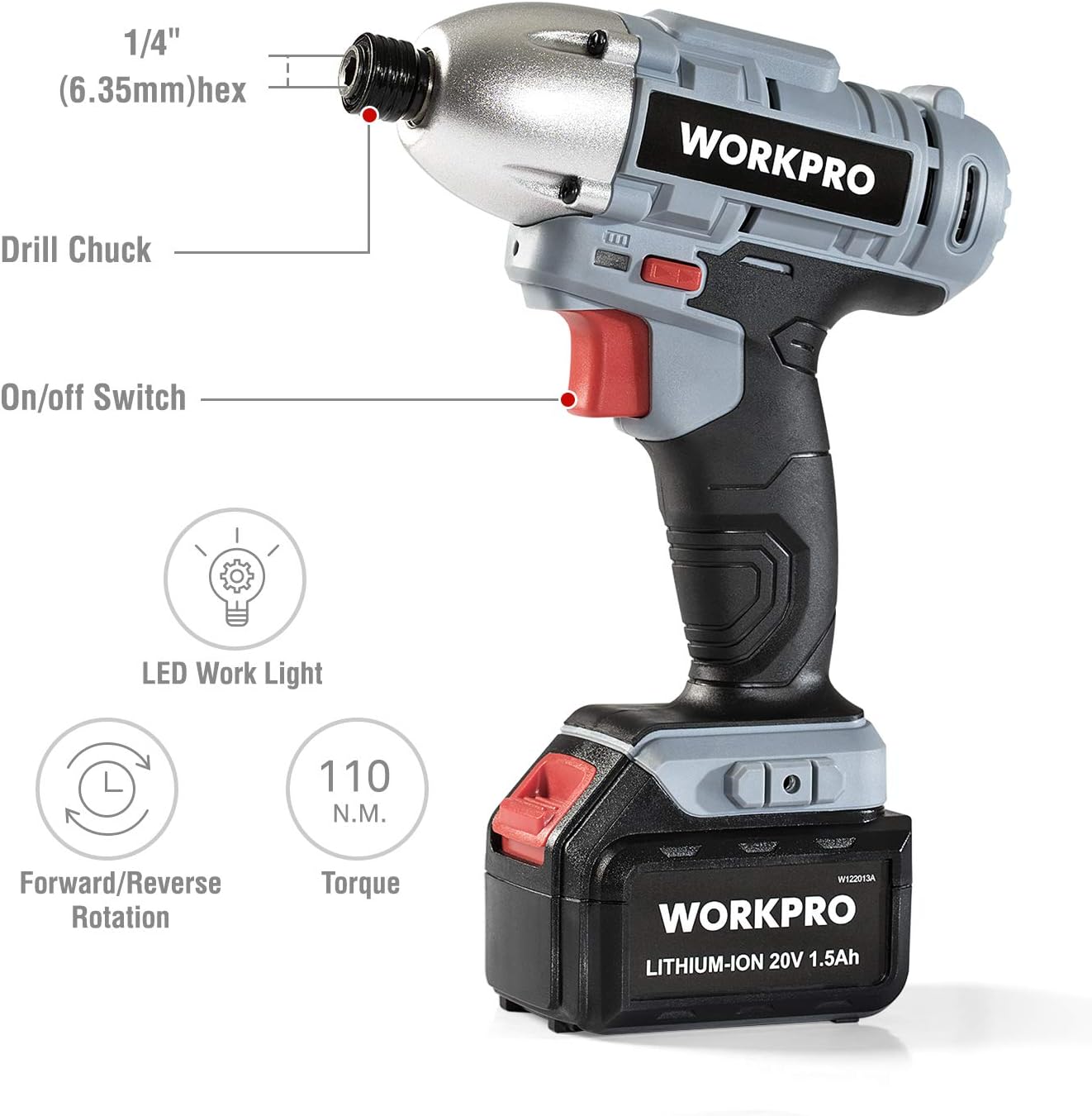 Silver and black WORKPRO cordless drill with red handle and lithium battery pack