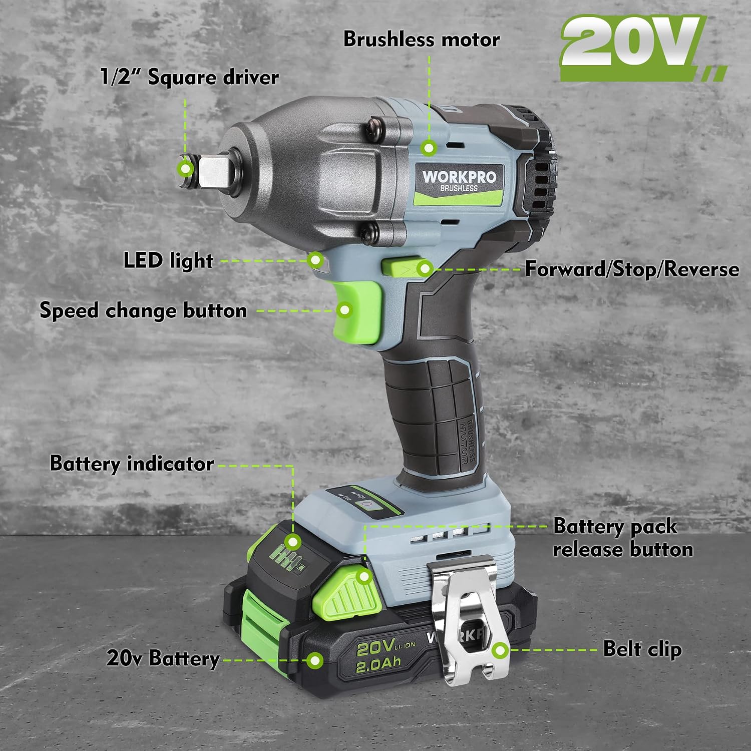 WORKPRO 20V cordless impact wrench with LED light, 1/2 in square drive, belt clip