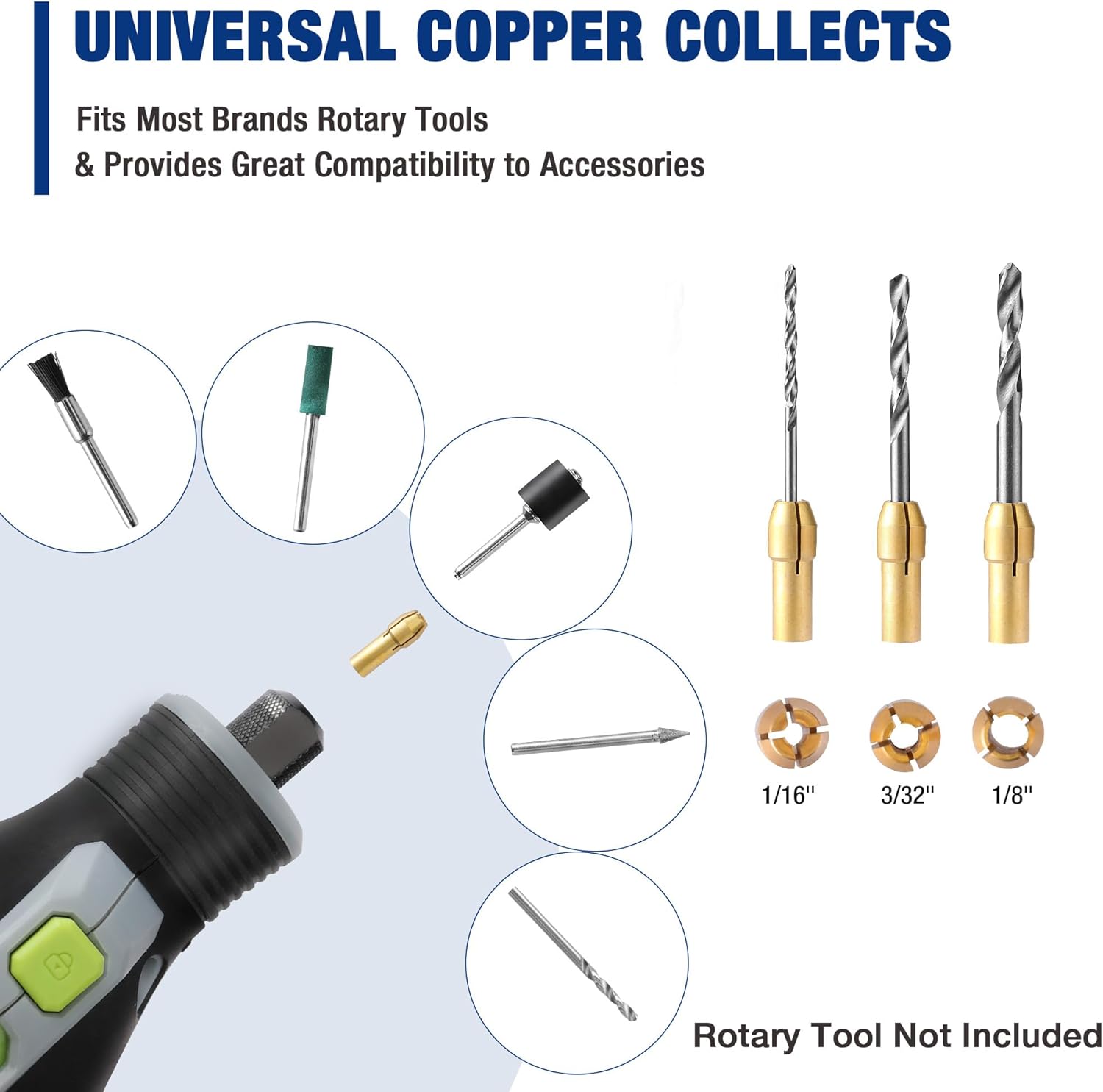 Rotary tool collet set with copper-colored collets for compatibility with many tools