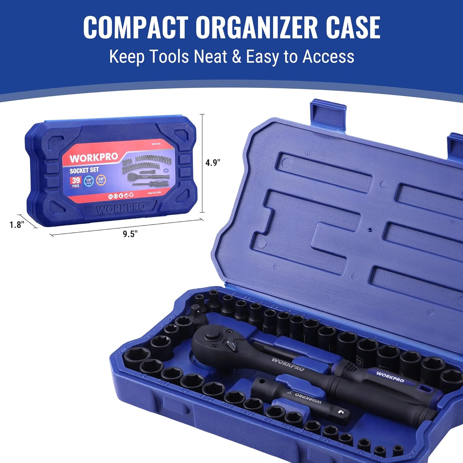 Compact blue organizer case with black sockets and 3/8 in drive ratchet set