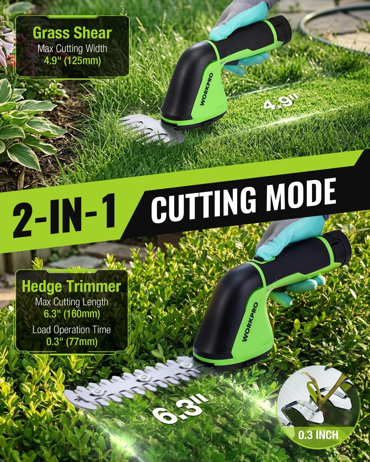 WORKPRO 12V cordless grass shear with green black handheld body and blade attachment