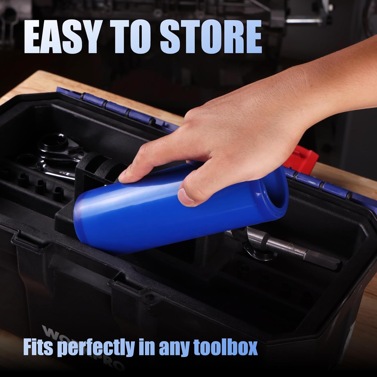 Blue foldable oil funnel stored in a black toolbox for easy transport and organization