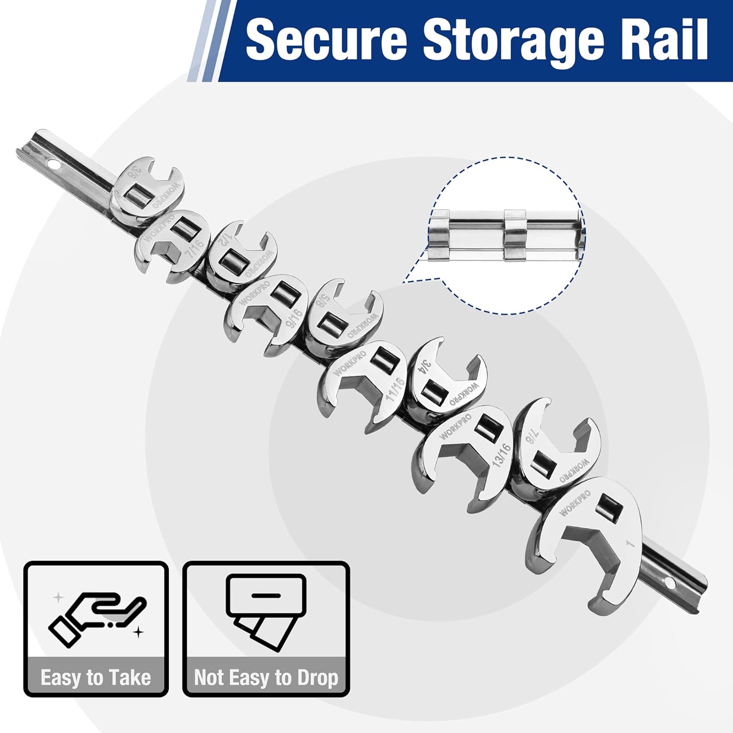 Crowfoot flare nut wrench set on storage rail, steel 3/8-in drive