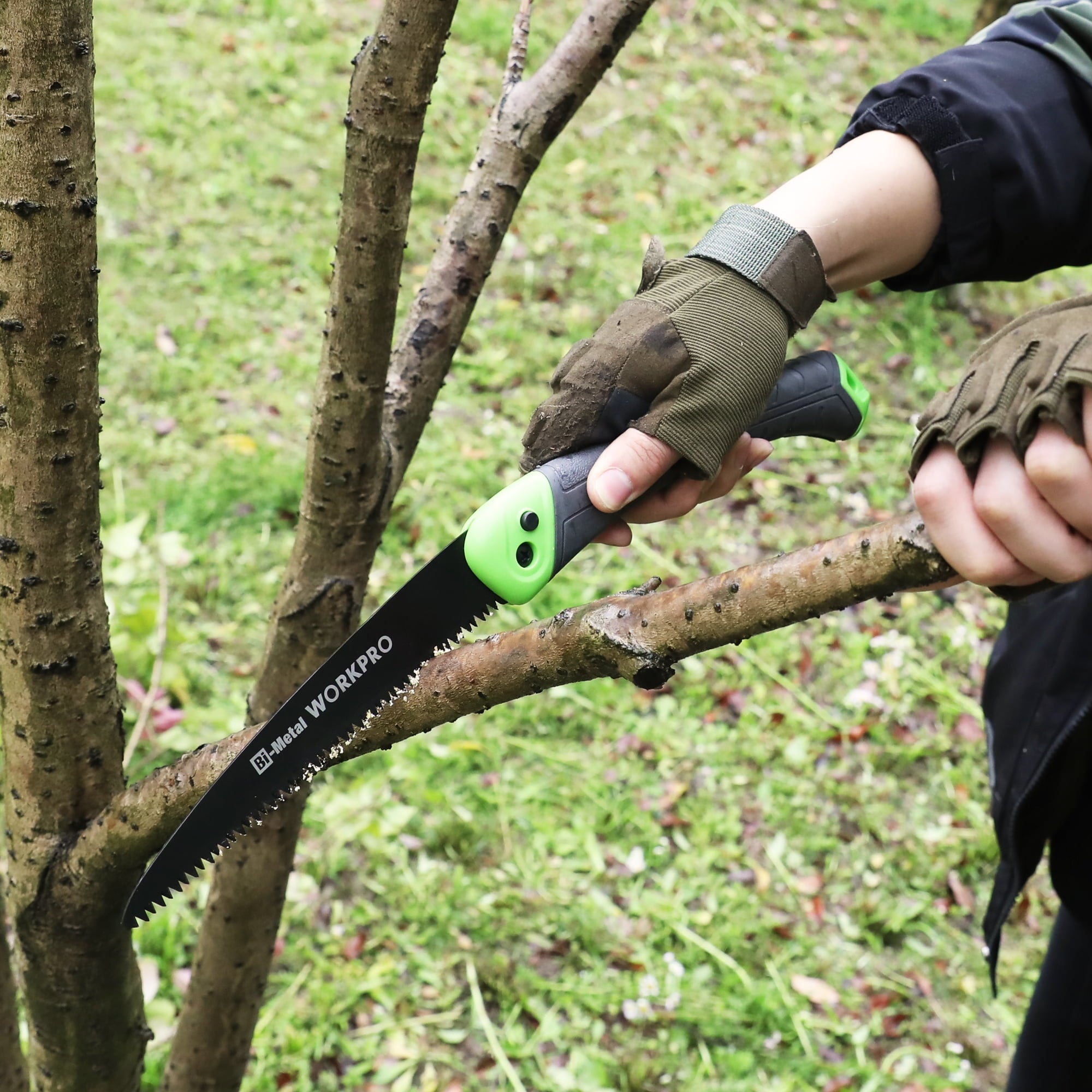 Folding pruning saw trimming branches, green handle and black serrated blade