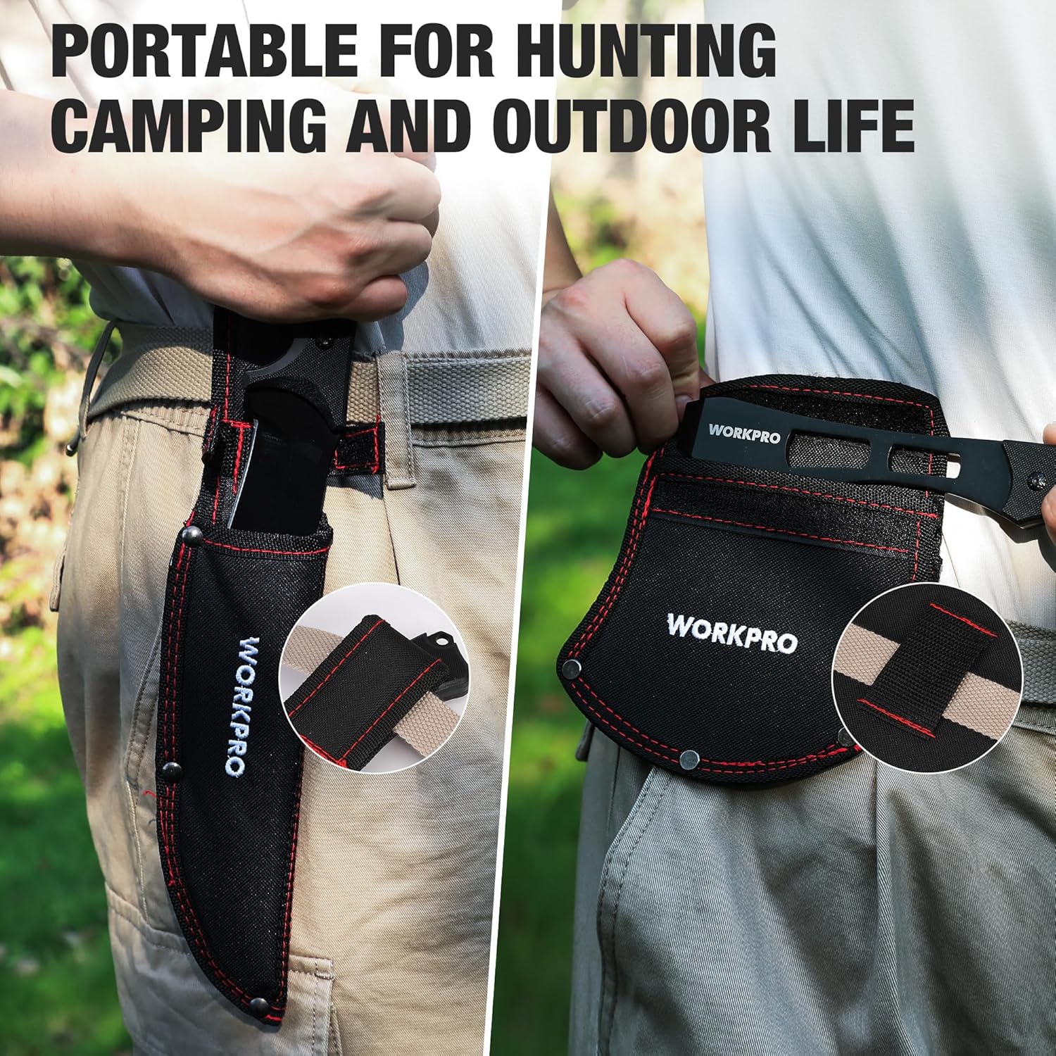Knife and axe sheaths strapped to a belt, secured with hook-and-loop fastener