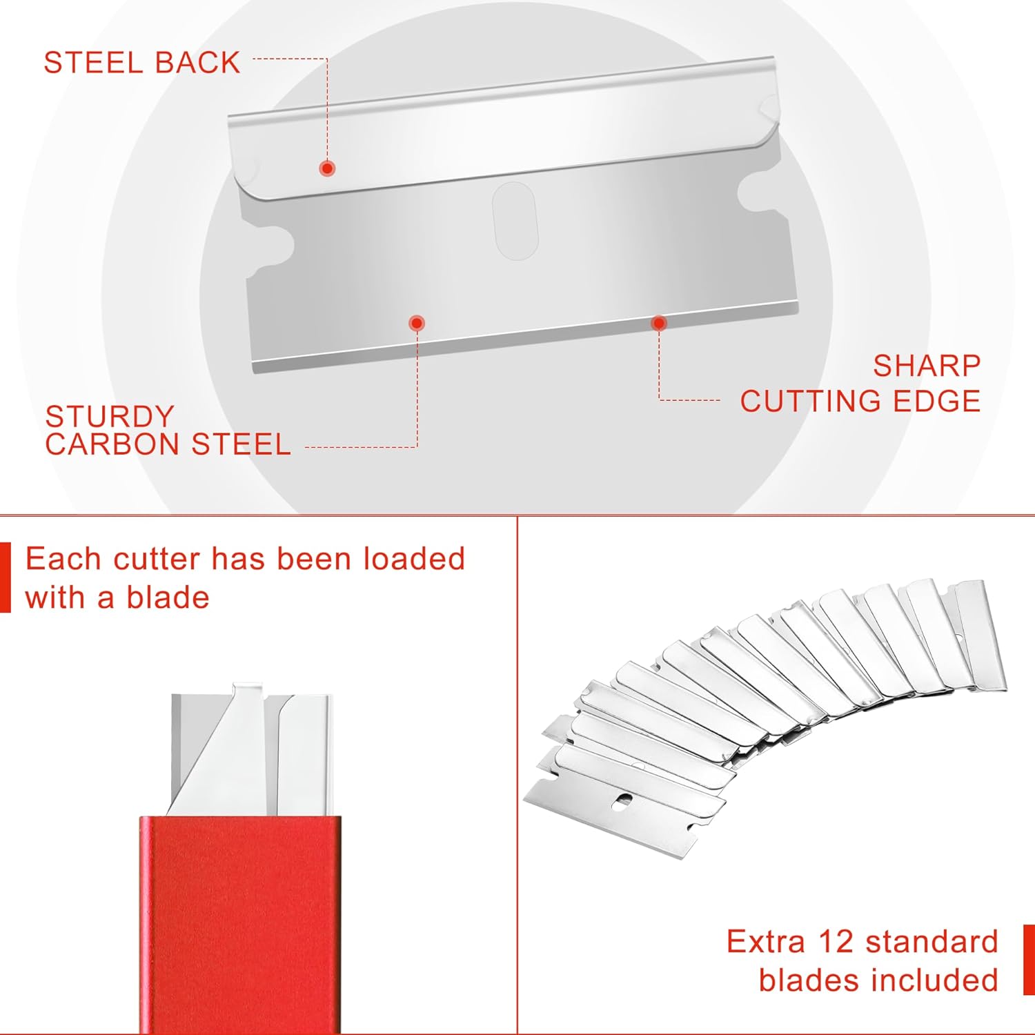 WORKPRO box cutter showing steel back, sturdy carbon steel blade, and sharp cutting edge