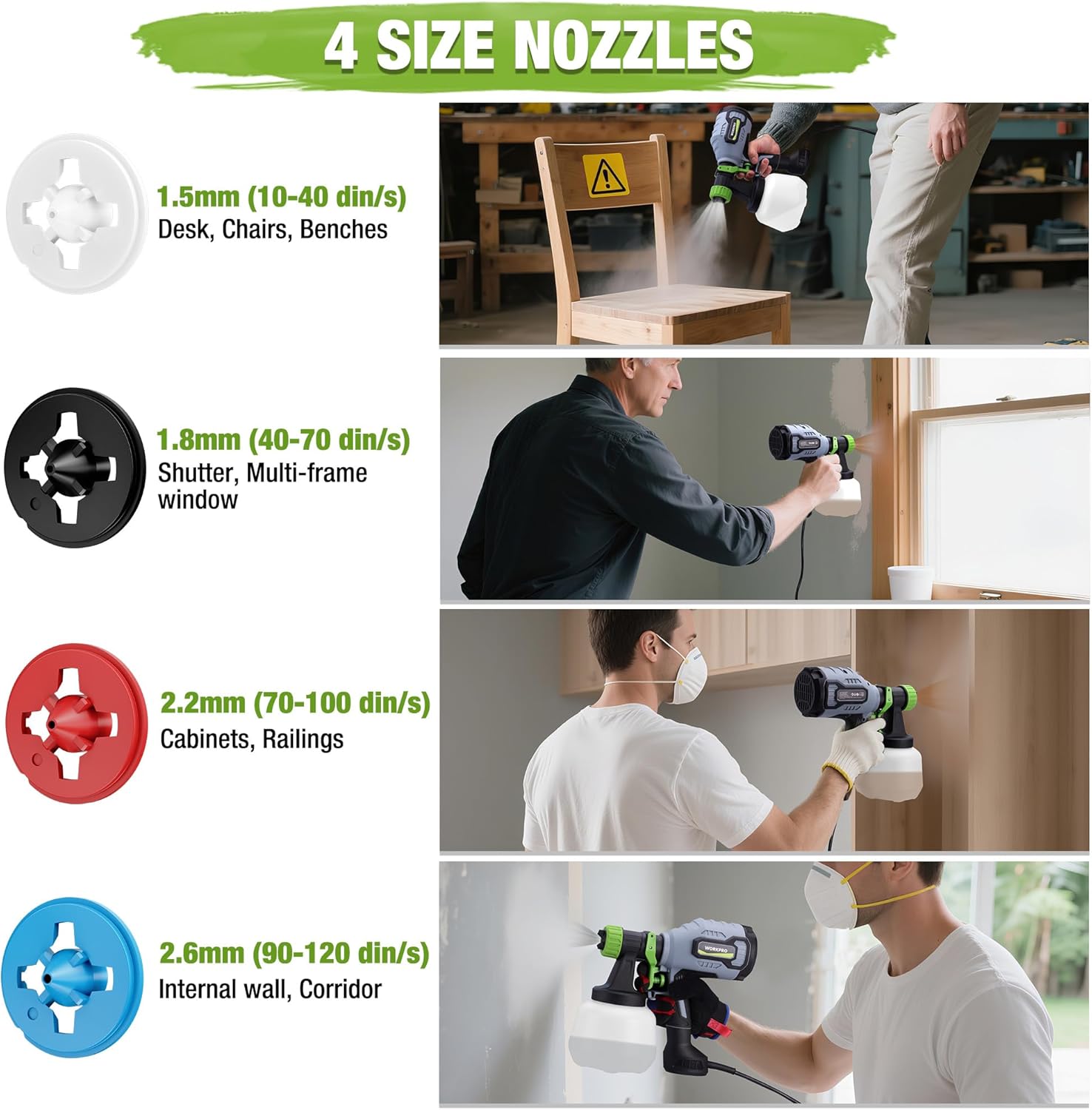 Paint sprayer with four interchangeable nozzle sizes, green nozzle ring and gray sprayer body.