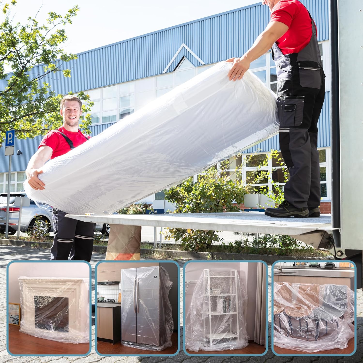 Clear water-resistant mattress bag for easy transport, queen/king size