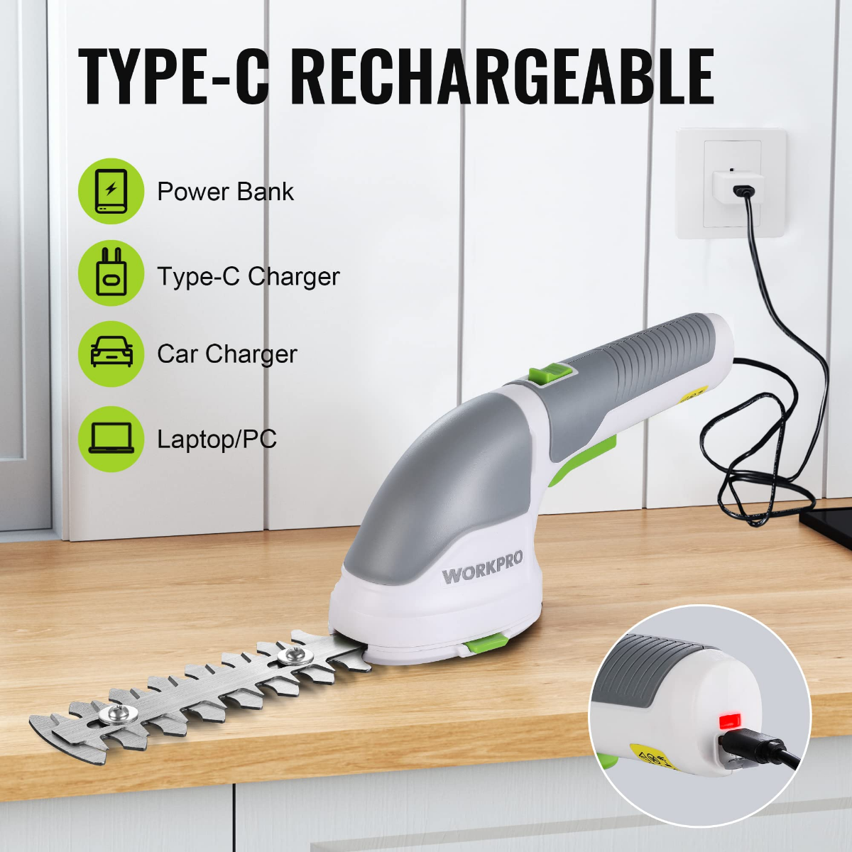 Cordless 2-in-1 shrub and grass trimmer, white body with green handle and charging port
