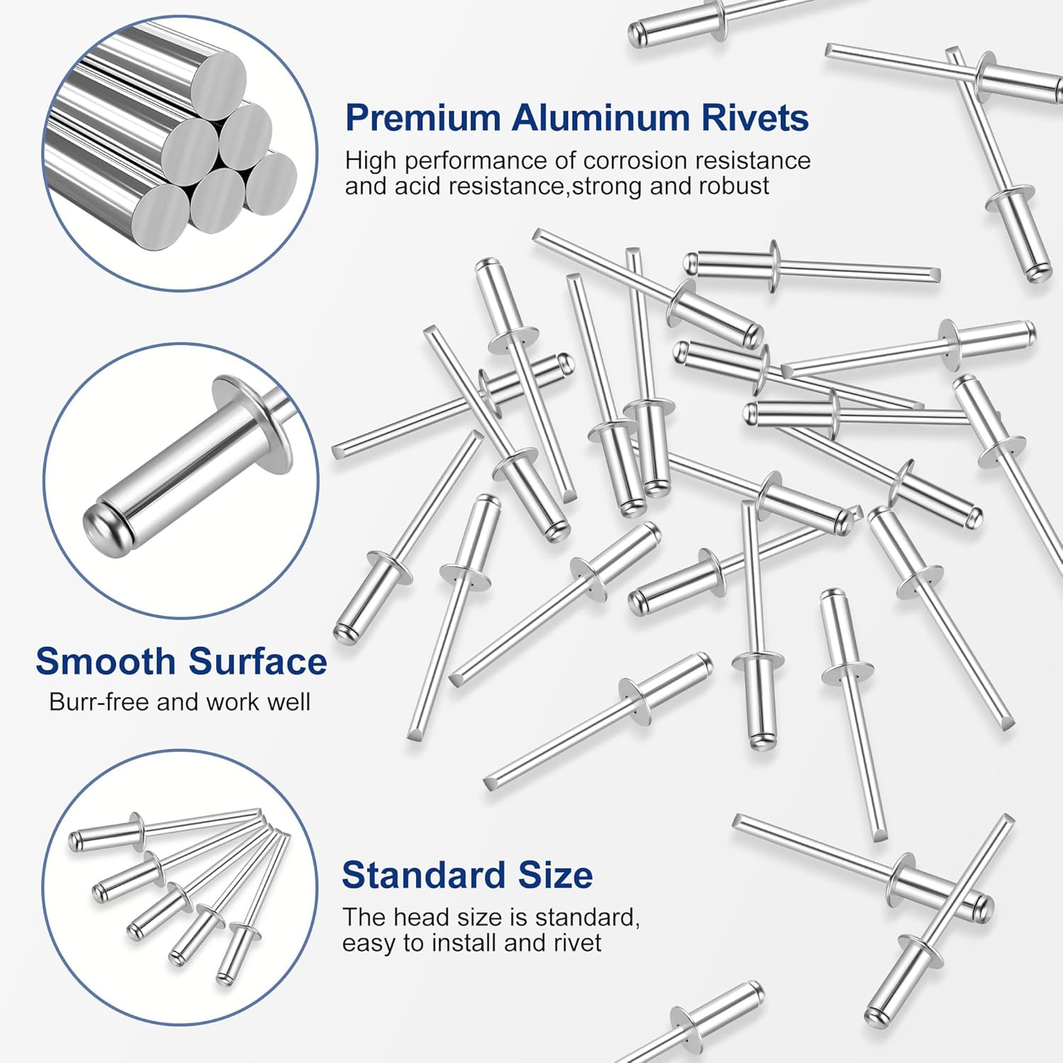 Silver aluminum blind rivets assortment with smooth shank and standard head