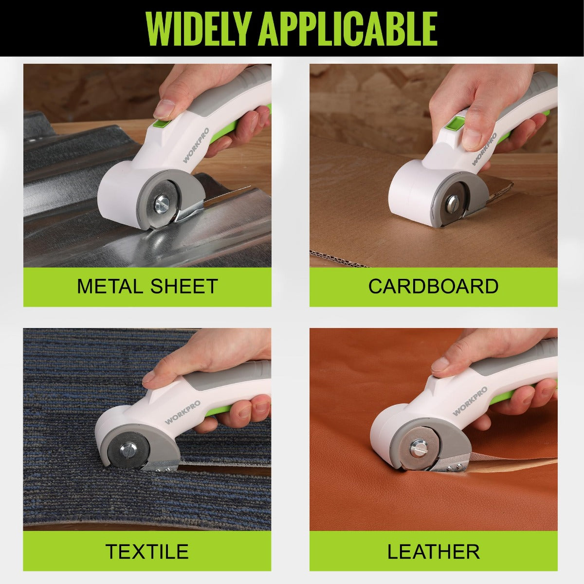 Cordless electric scissors cutting along a surface, with white and green handle