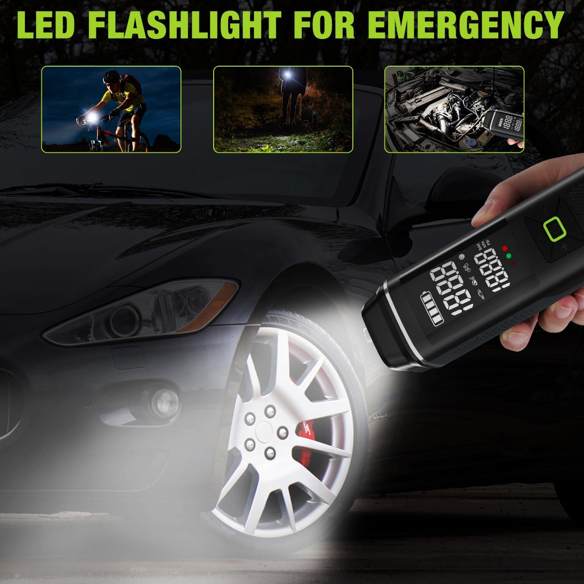 Portable tire inflator air compressor with built-in LED light for roadside use