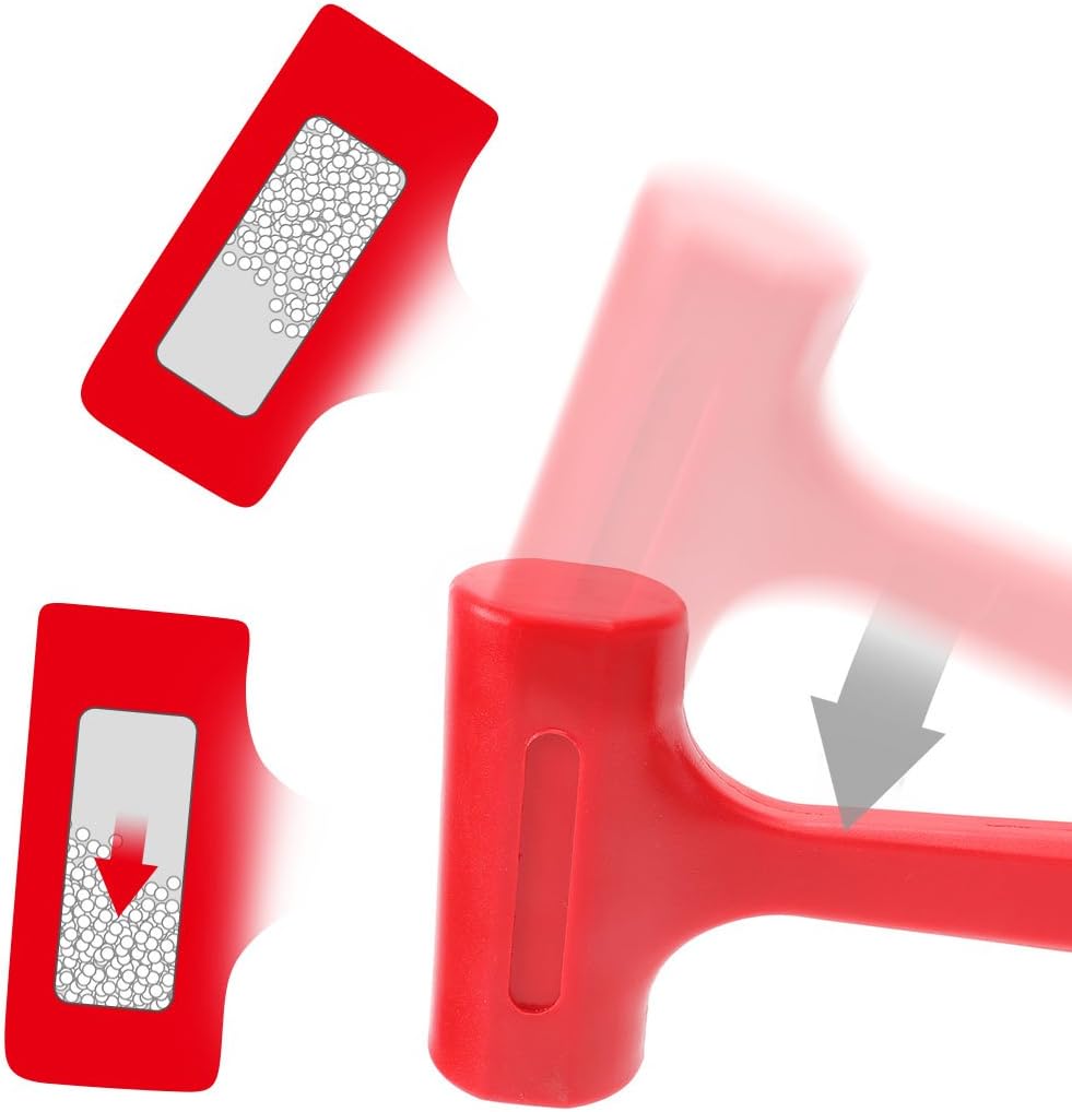 Red dead blow hammer with textured striking face and insert opening on the head