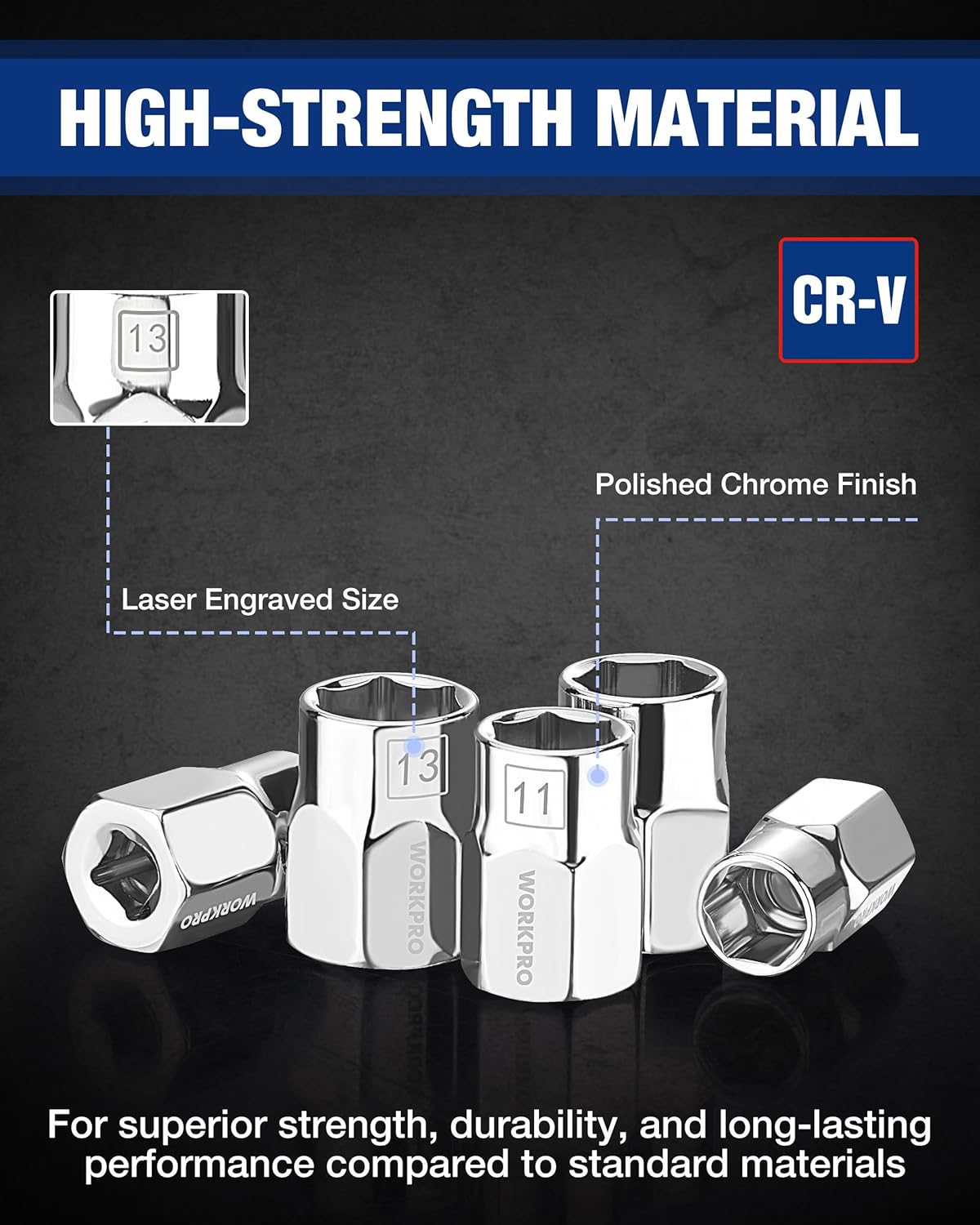 1/4 in drive metric CR-V sockets with polished chrome finish and laser-engraved sizes