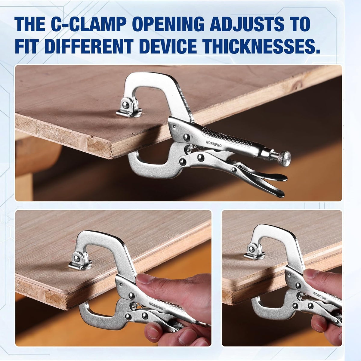 Locking C-clamp gripping a wood board, adjustable opening with knurled screw