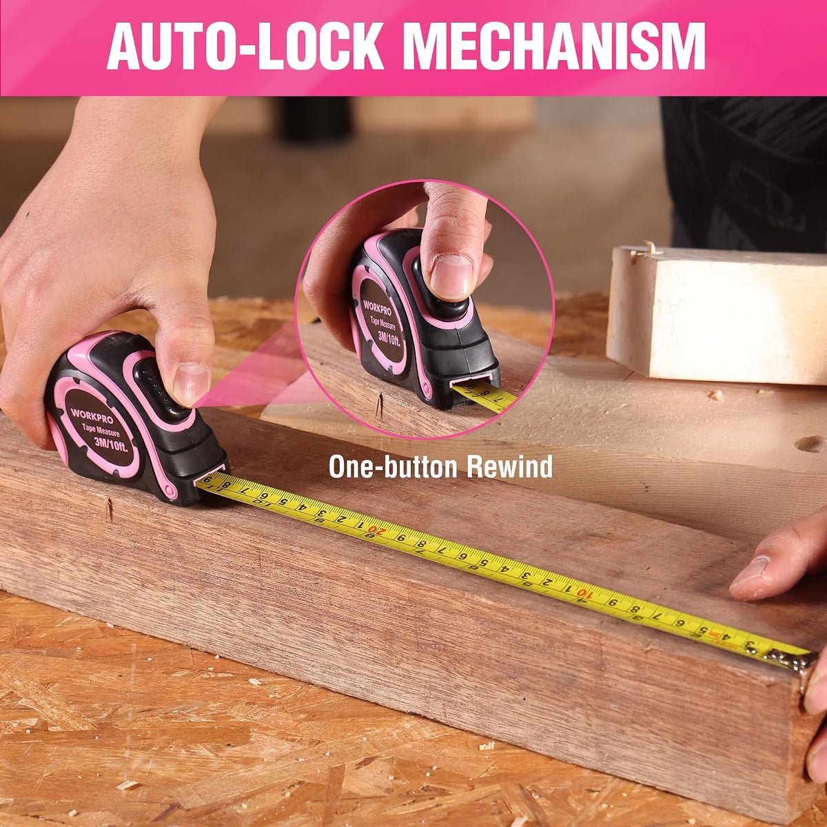 Pink WORKPRO tape measure demonstrating auto-lock and one-button rewind
